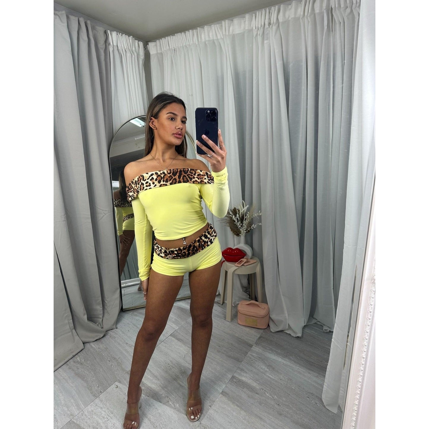 Off the shoulder leopard print shorts set