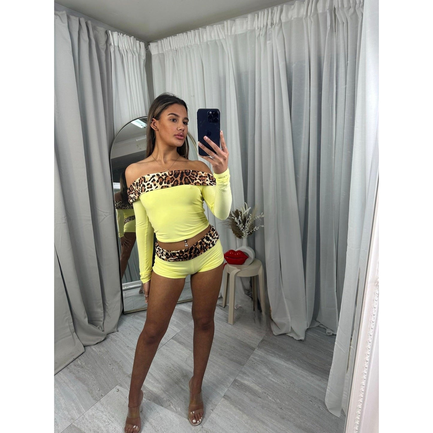 Off the shoulder leopard print shorts set