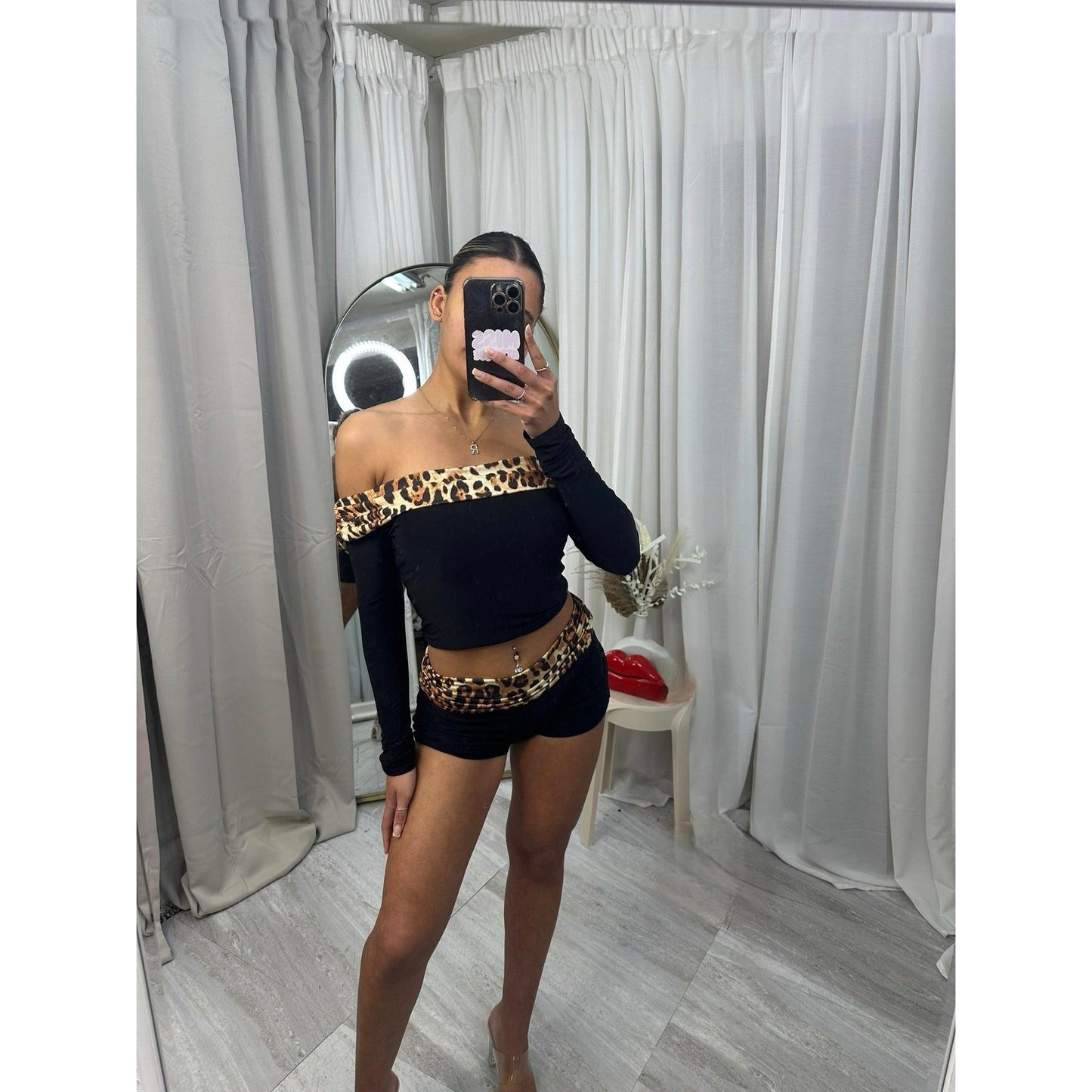 Off the shoulder leopard print shorts set