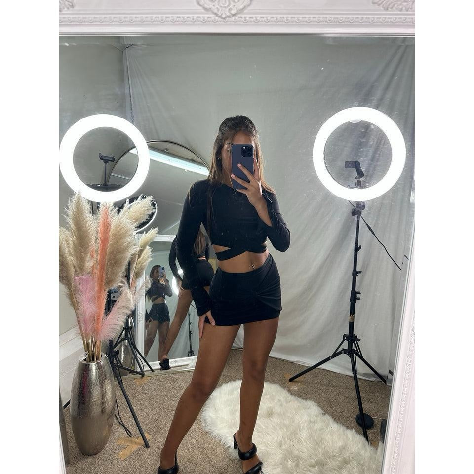 Long sleeved tie back crop top and mini skirt set 2036