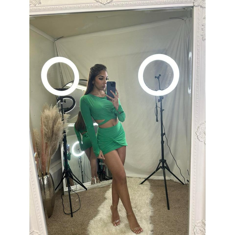 Long sleeved tie back crop top and mini skirt set 2036