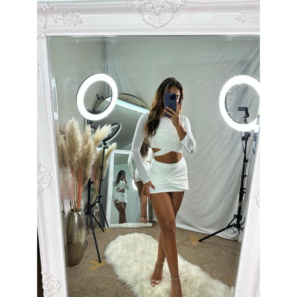 Long sleeved tie back crop top and mini skirt set 2036