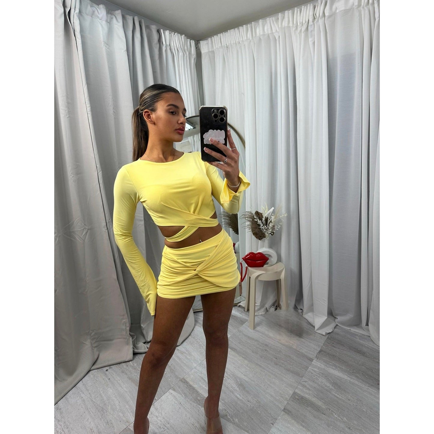 Long sleeved tie back crop top and mini skirt set 2036