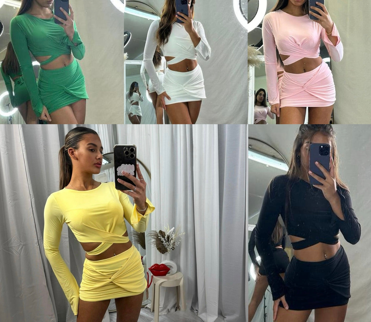 Long sleeved tie back crop top and mini skirt set 2036
