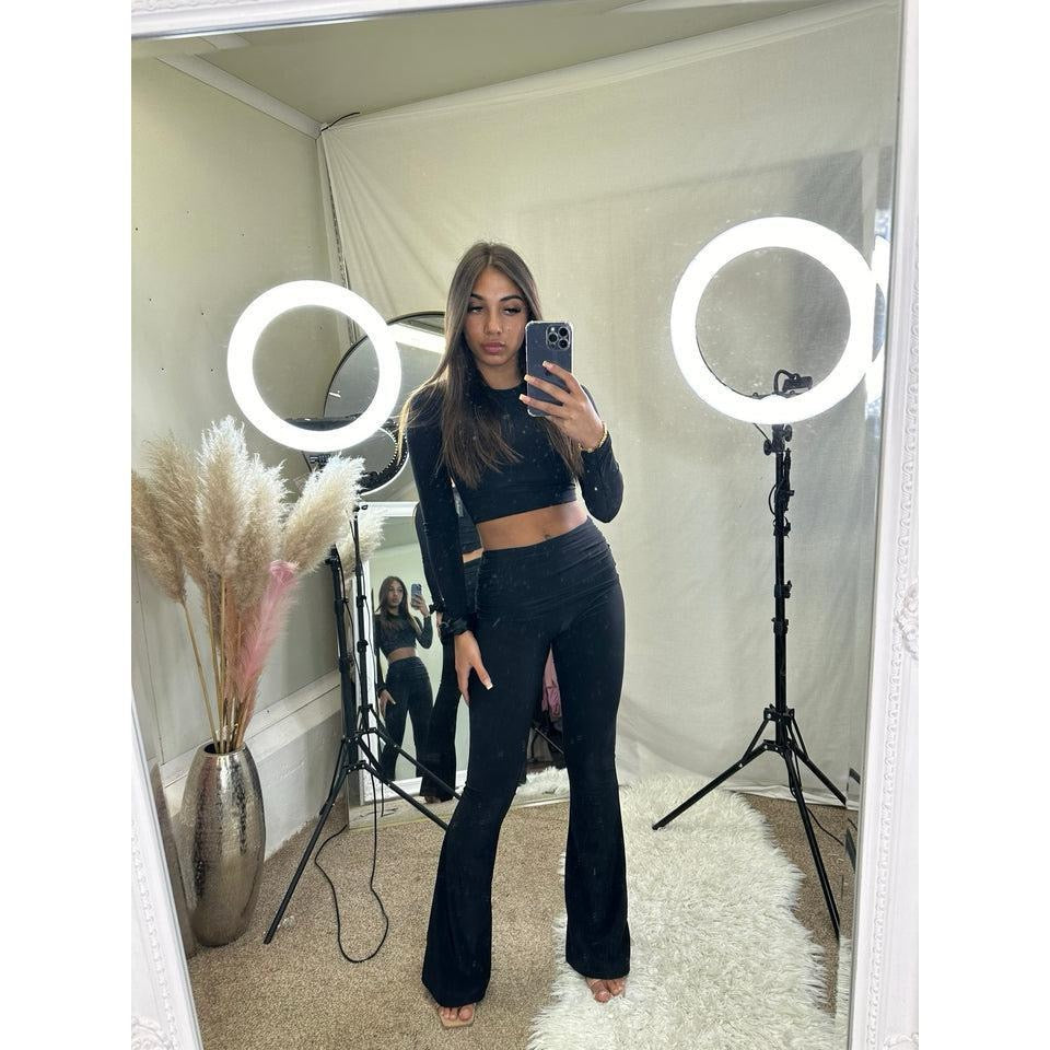 Long sleeved crop top and ruched waist flared bottoms lounge wear set 3035