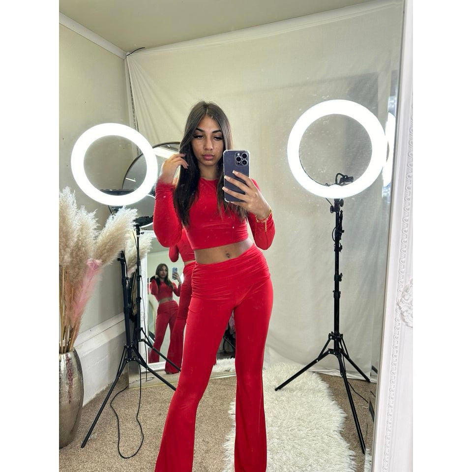 Long sleeved crop top and ruched waist flared bottoms lounge wear set 3035