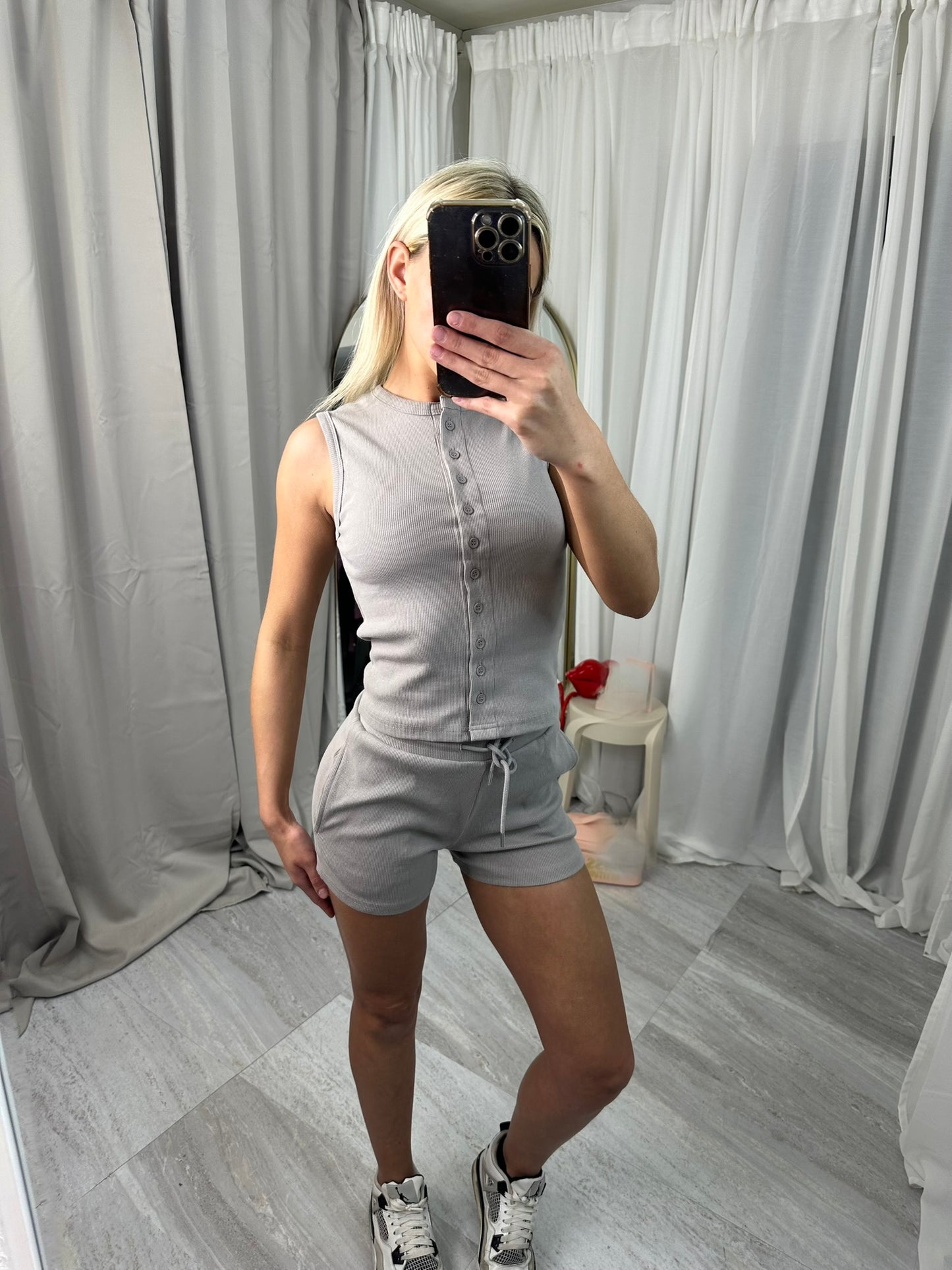 Ribbed Button Through Sleeveless Top and Shorts Co-ord