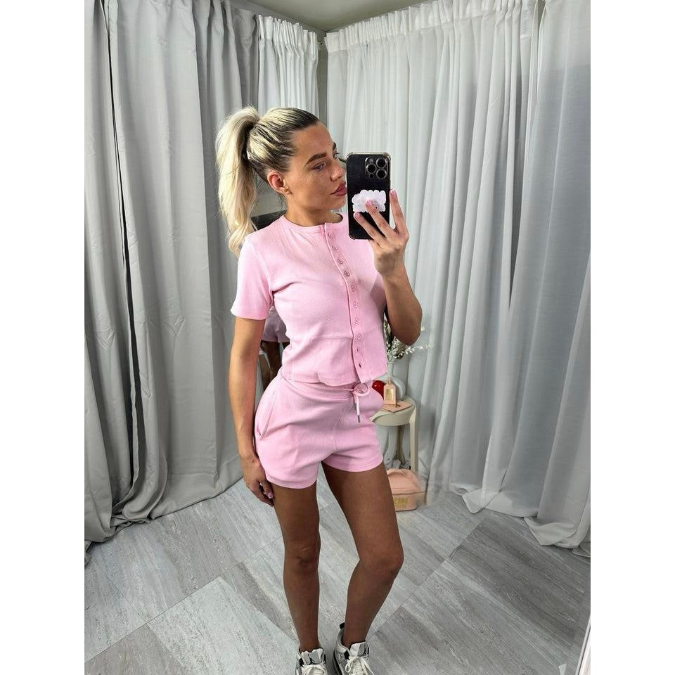 Ribbed Button Through Sleeveless Top and Shorts Co-ord