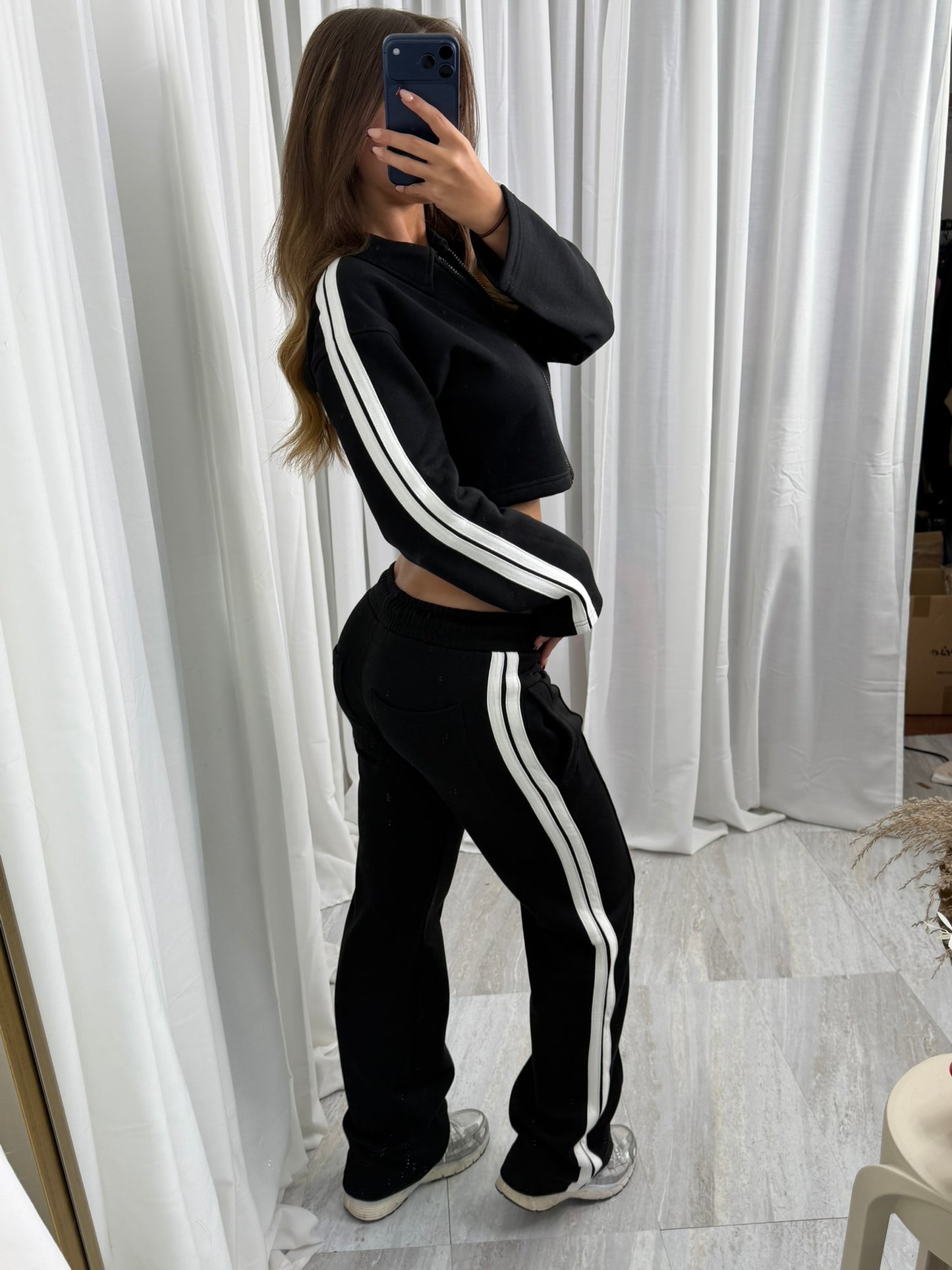 Mia wide leg tracksuit with side stripe and crop top with zipped front lounge wear 2 piece set