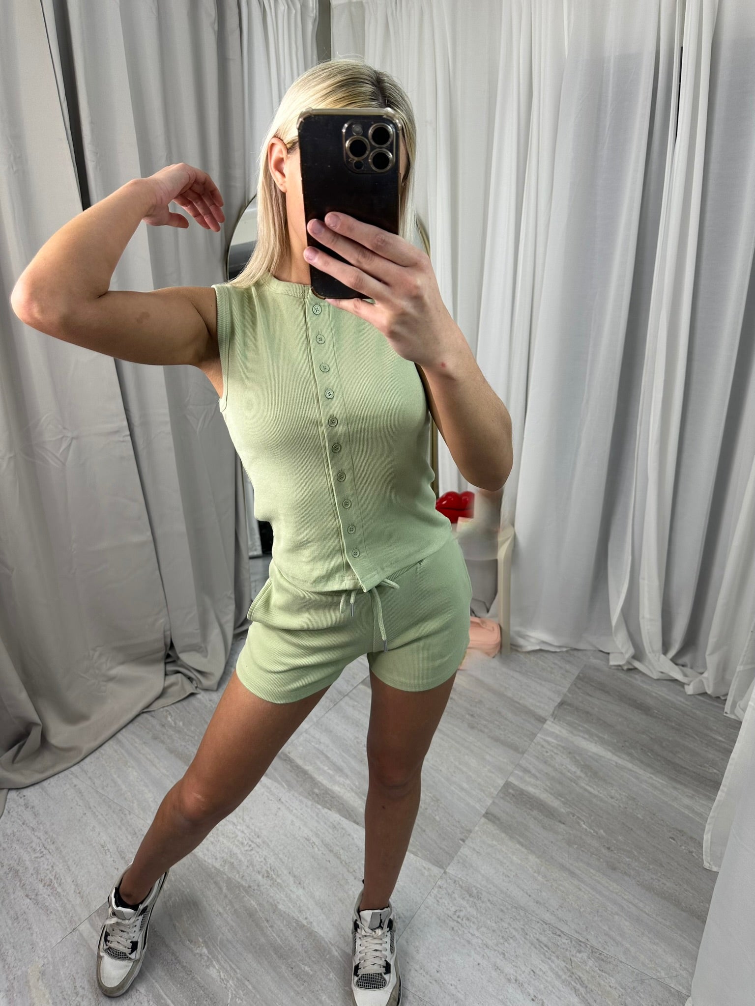 Ribbed Button Through Sleeves Top and Shorts Co-ord