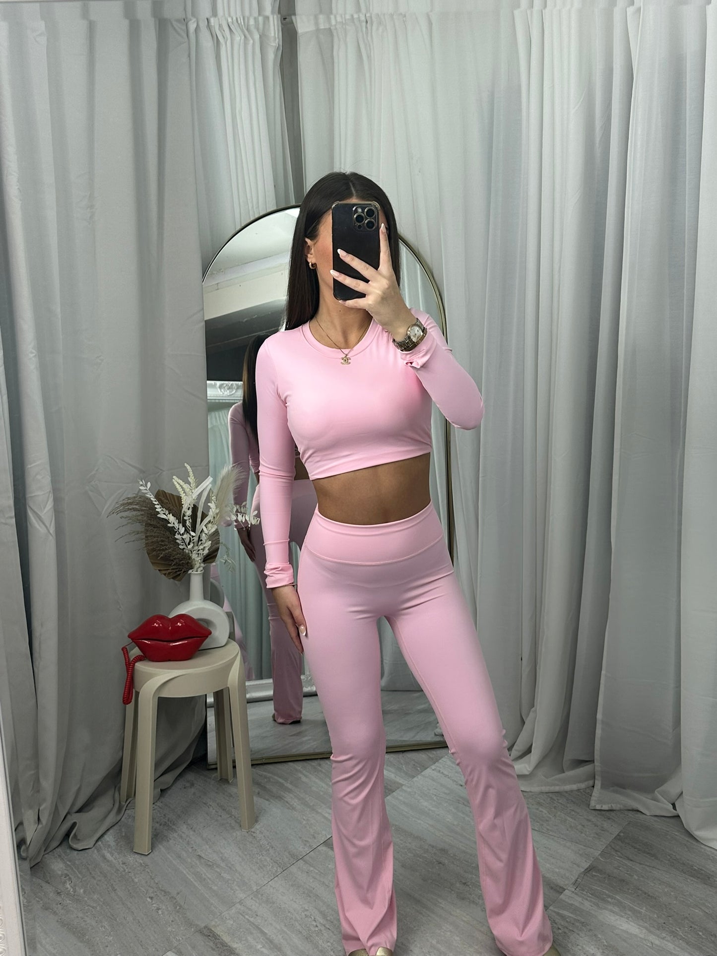 Stretchy padded lace up back gym set with flares