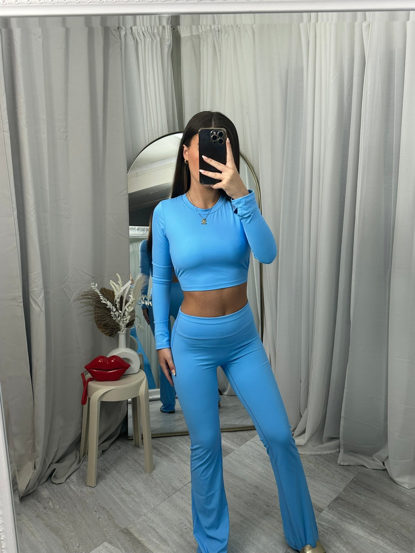 Stretchy padded lace up back gym set with flares