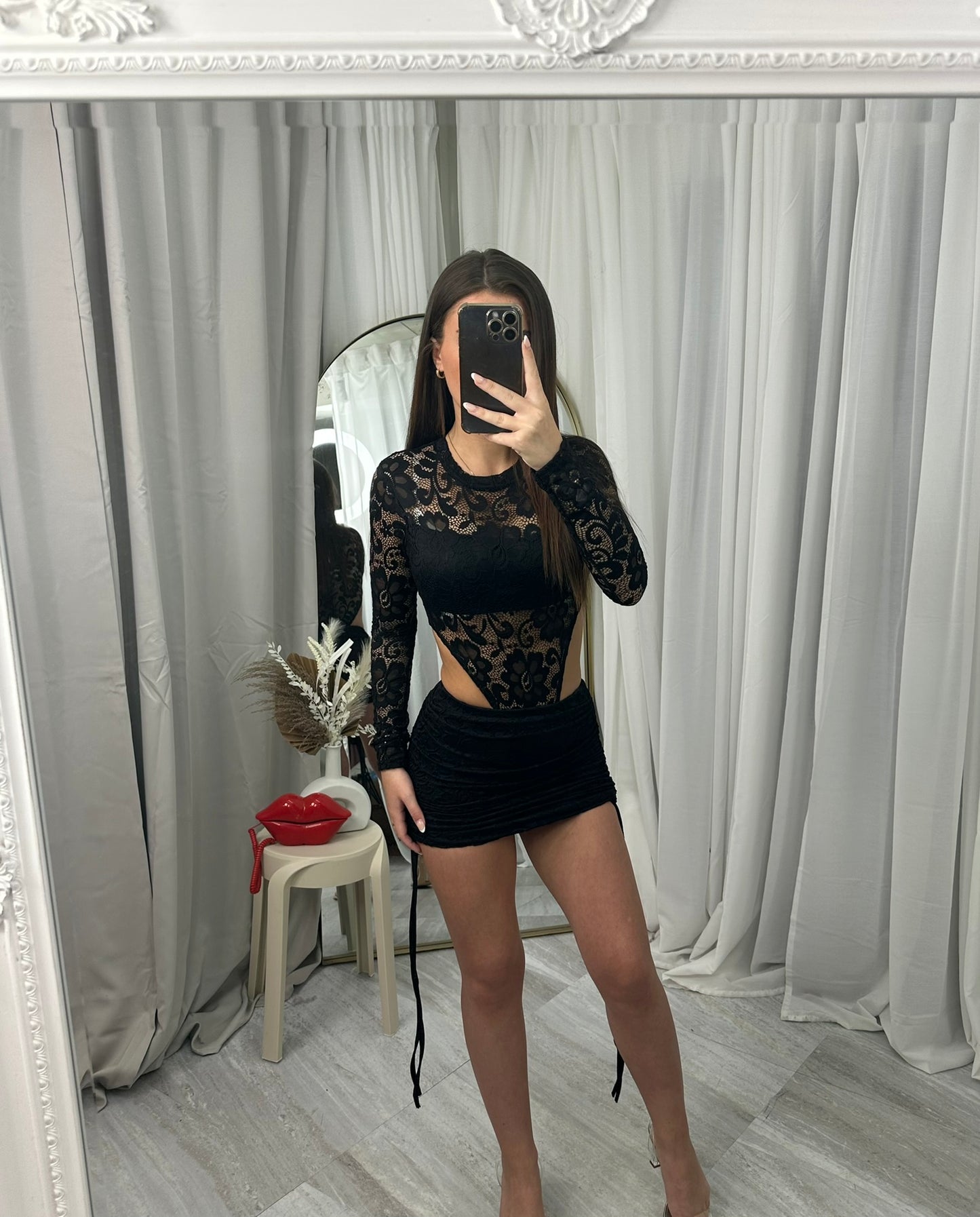 Lace cut out bodysuit and ruched mini skirt 5113