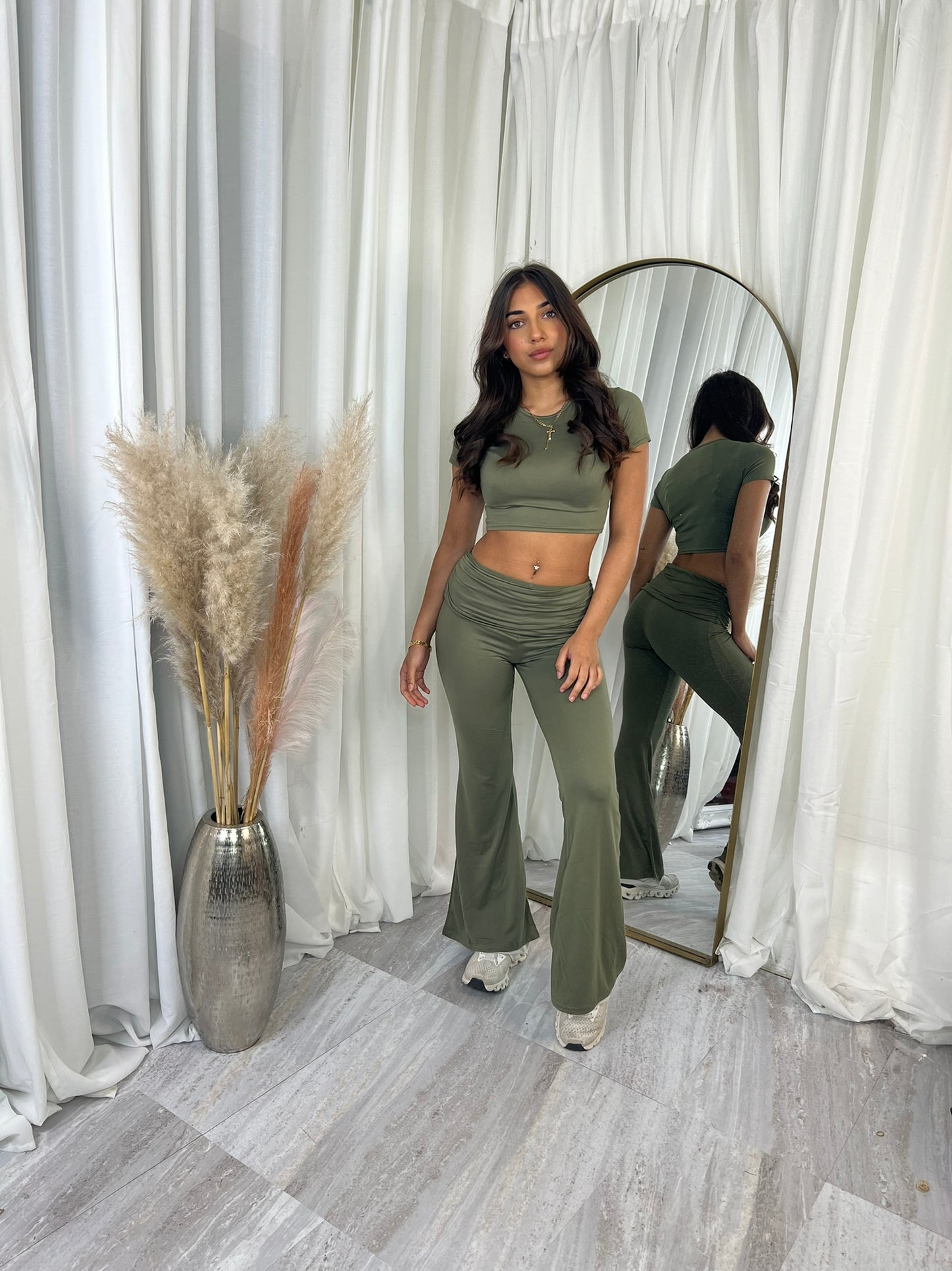 Ruched waist with short sleeve crop top and flared bottoms loungewear