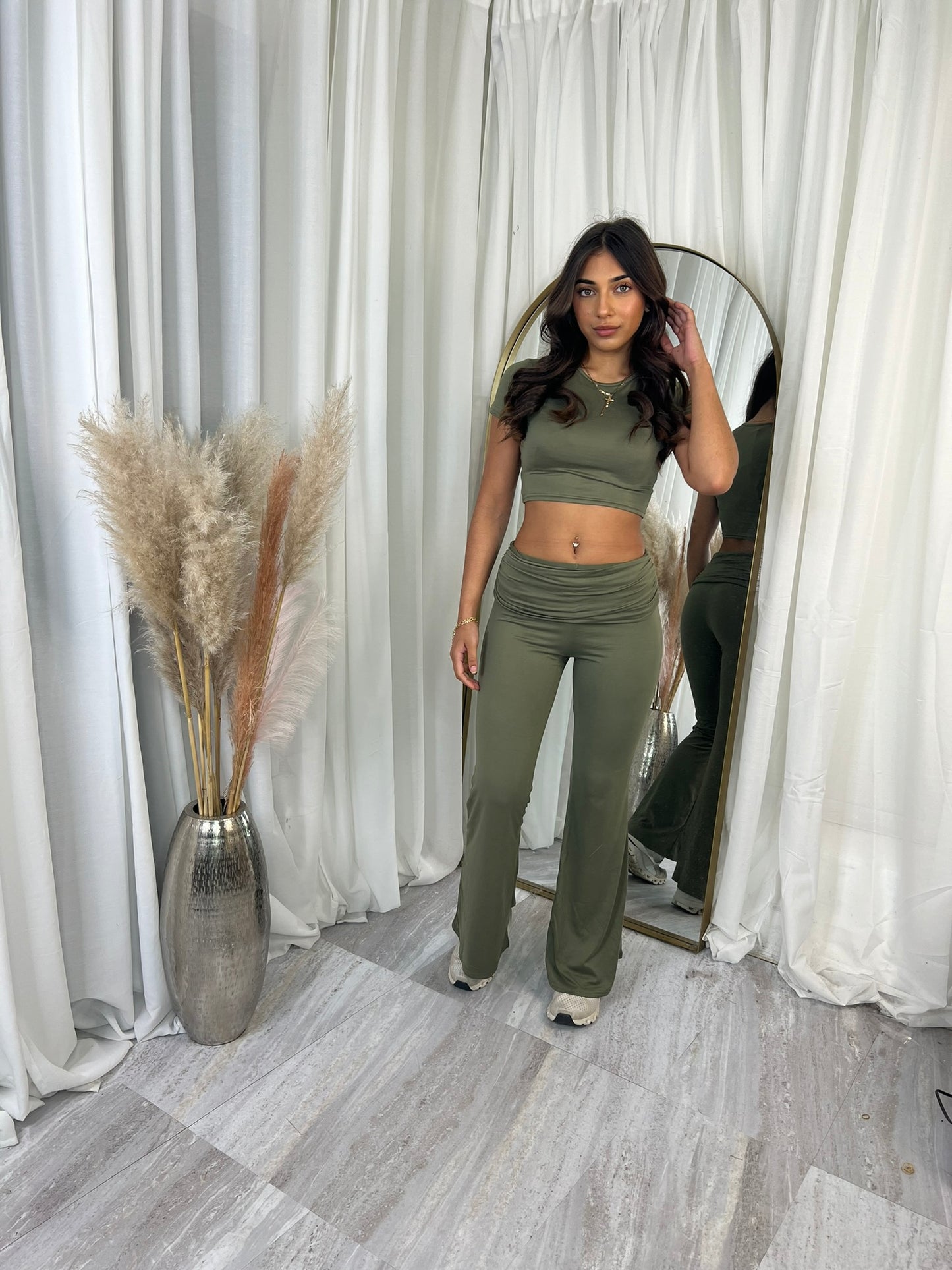 Ruched waist with short sleeve crop top and flared bottoms loungewear