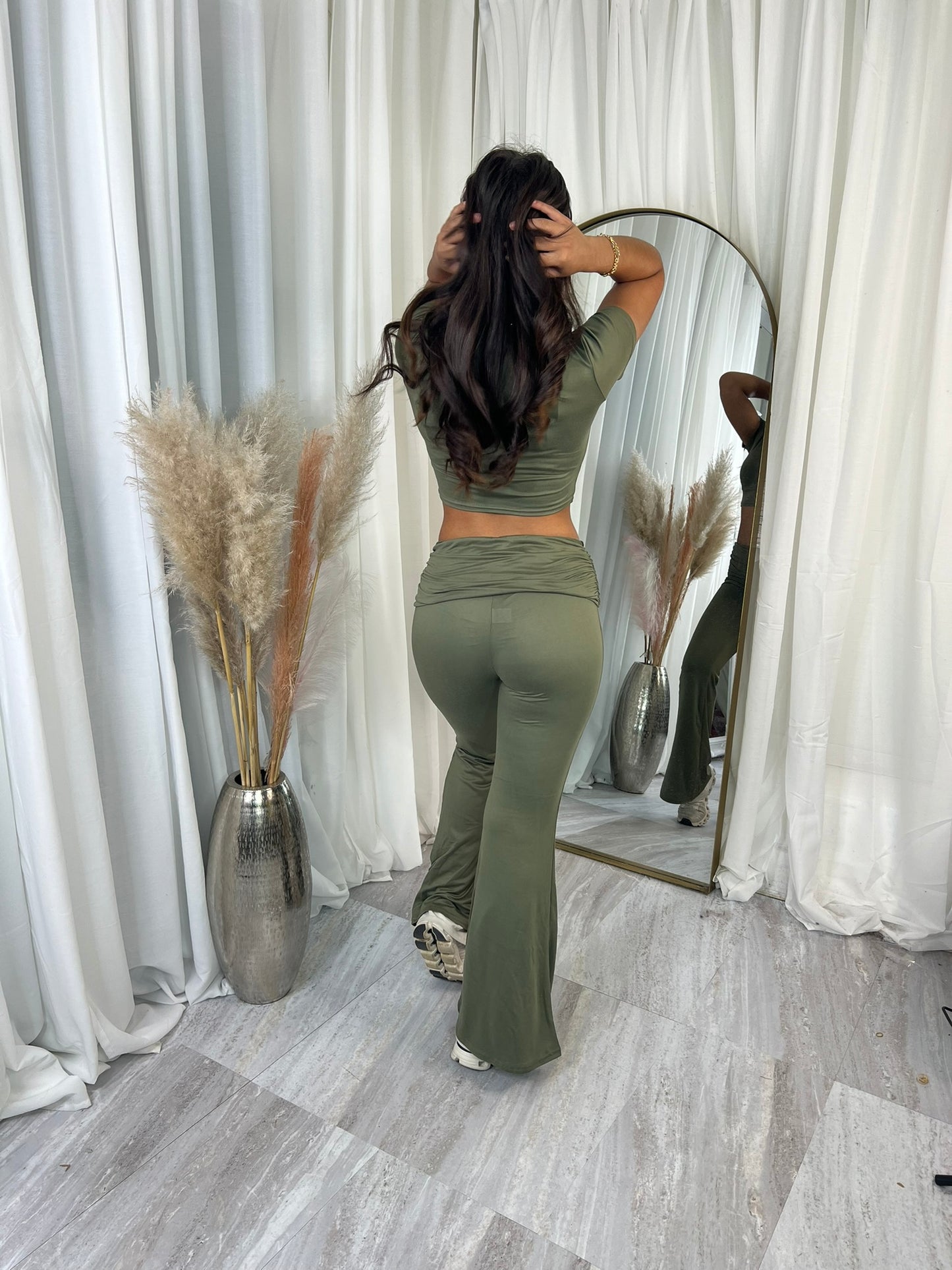 Ruched waist with short sleeve crop top and flared bottoms loungewear