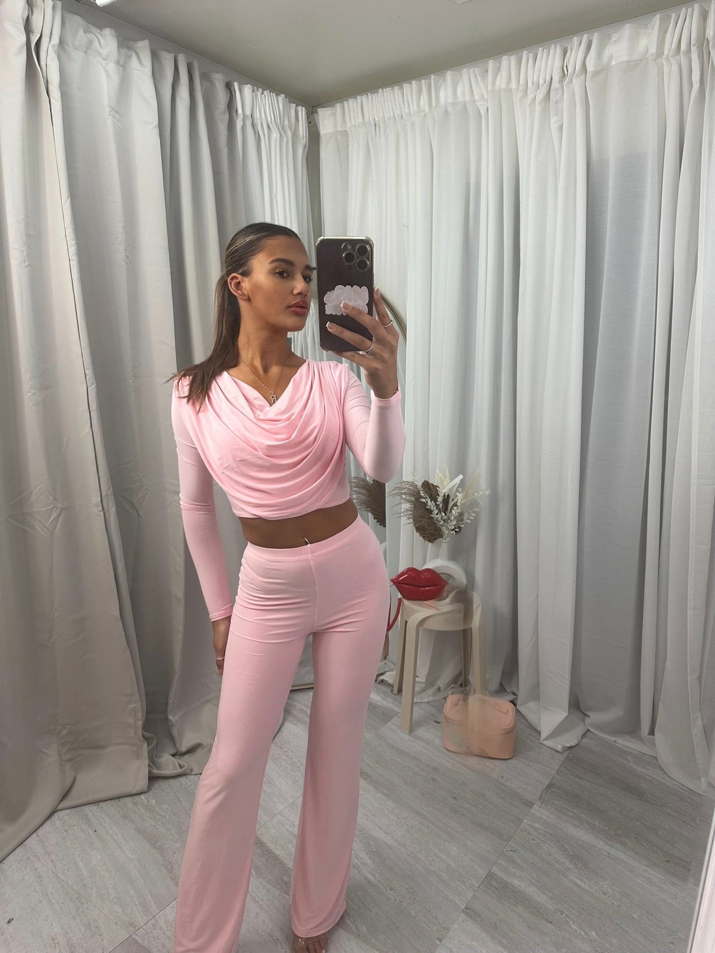 Long sleeved cowl top with flared bottoms lounge wear set