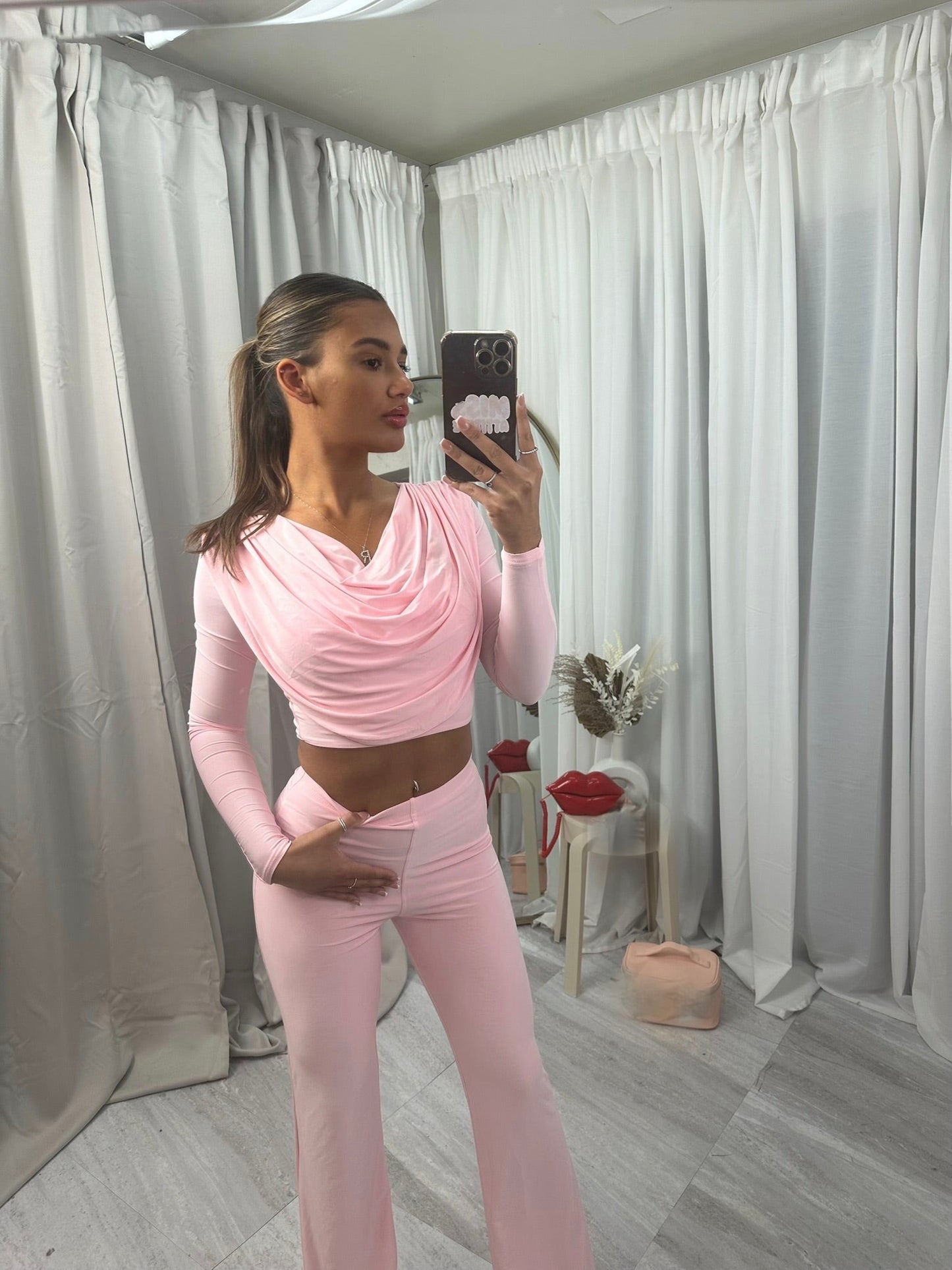Long sleeved cowl top with flared bottoms lounge wear set