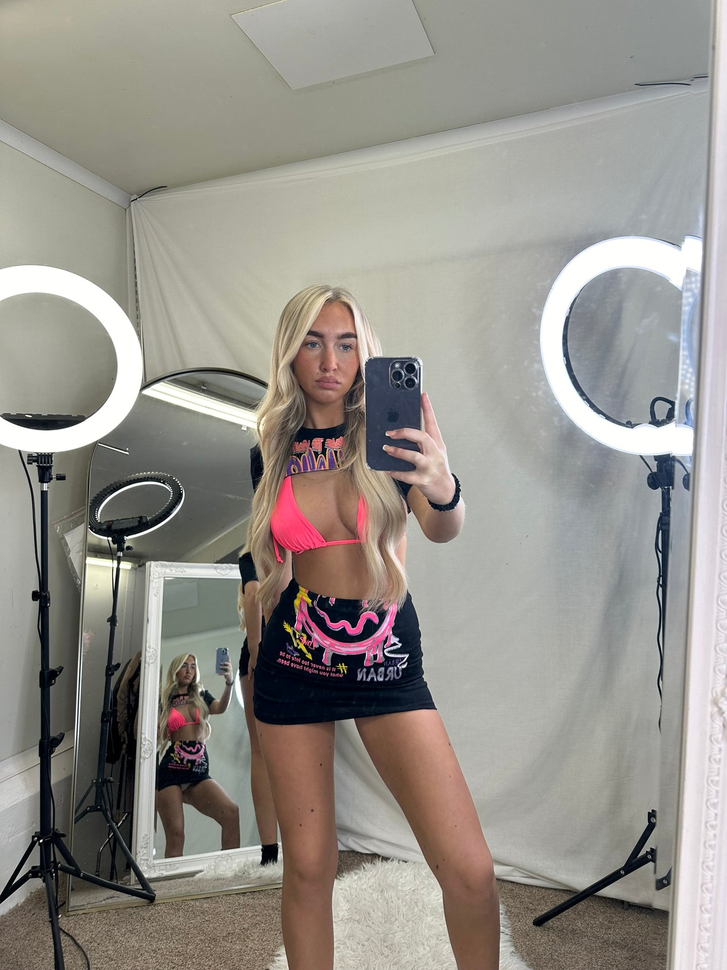 3 piece festival bikini and crop top with skirt set