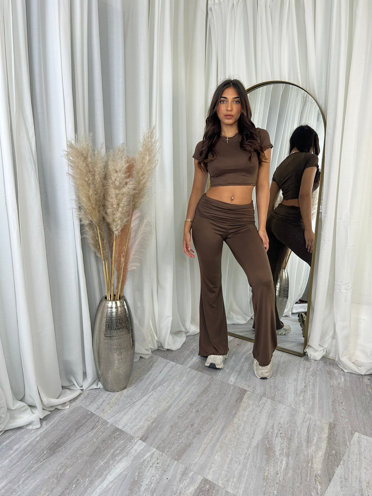 Ruched waist with short sleeve crop top and flared bottoms loungewear