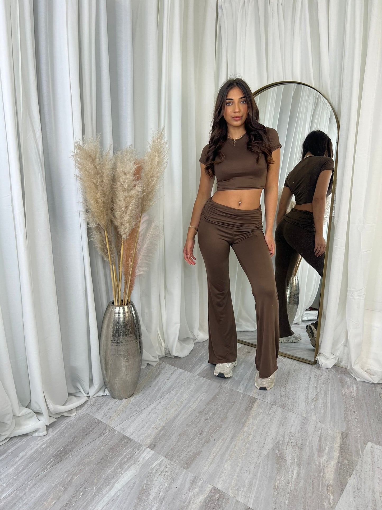 Ruched waist with short sleeve crop top and flared bottoms loungewear
