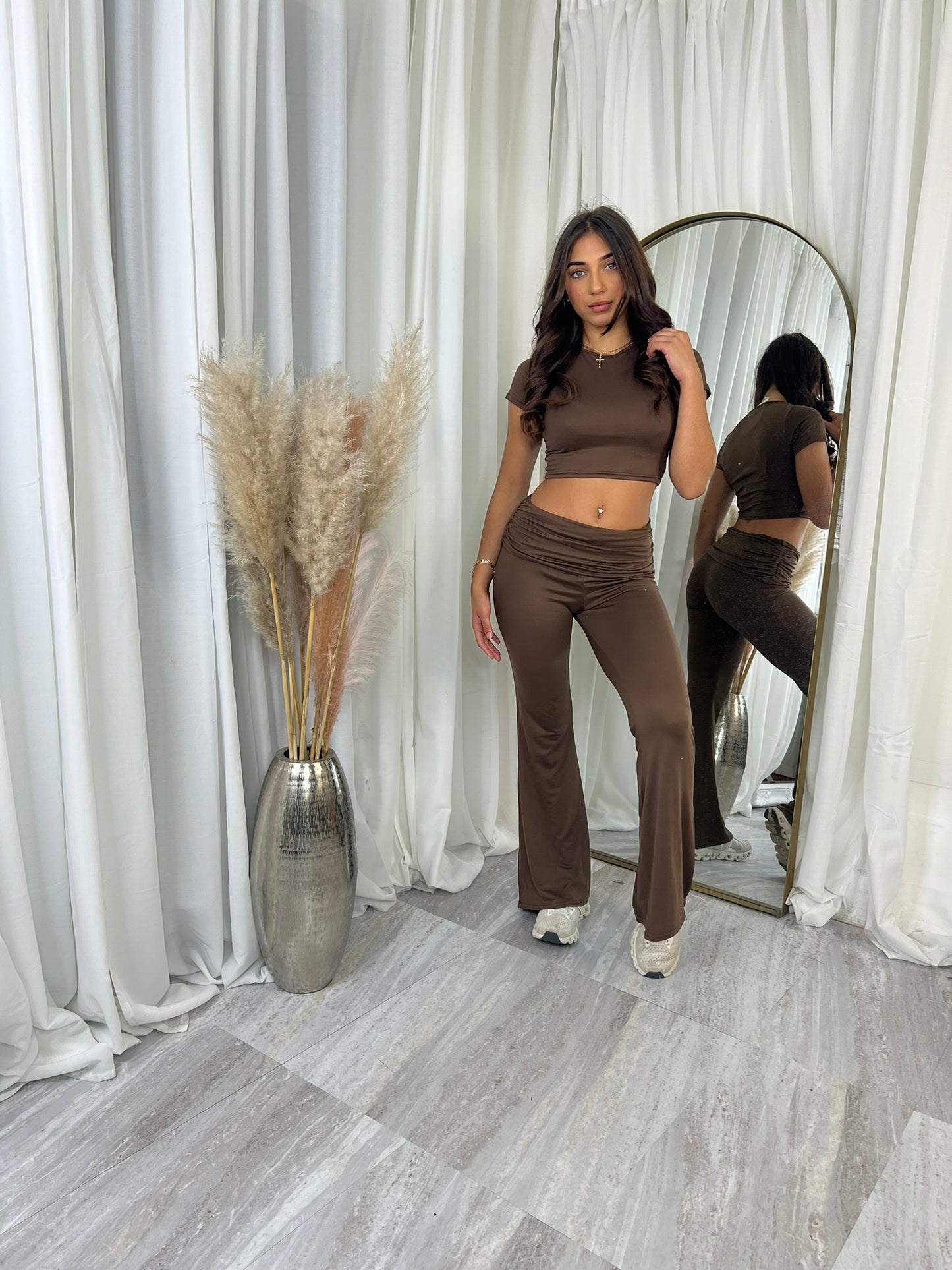 Ruched waist with short sleeve crop top and flared bottoms loungewear
