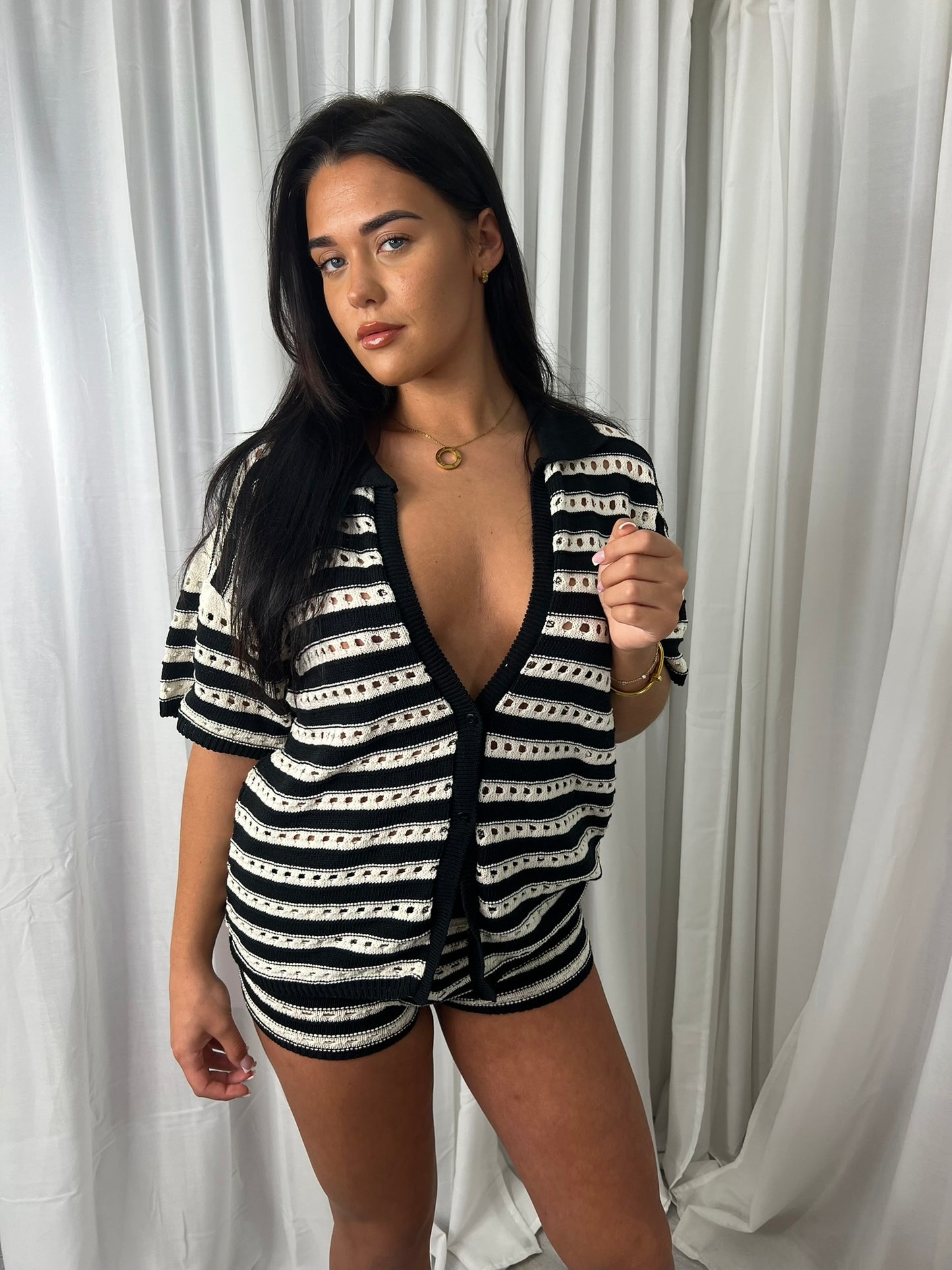 Stripe Crochet Knitted Top and Mirco Shorts