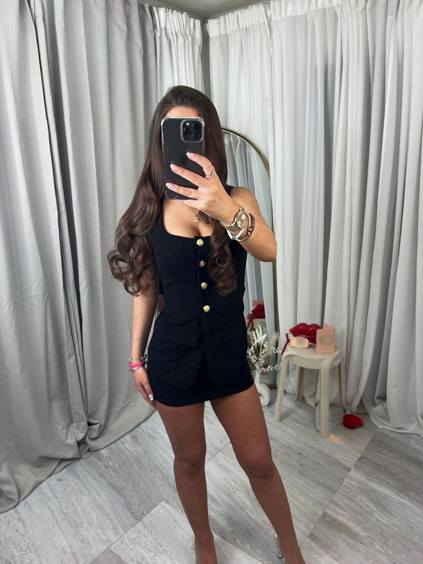 Button Through Waistcoat Top & Mini Skirt Co-ord