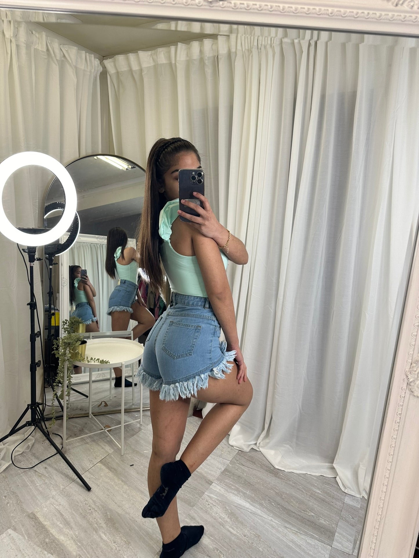 Harper denim frilled hem shorts