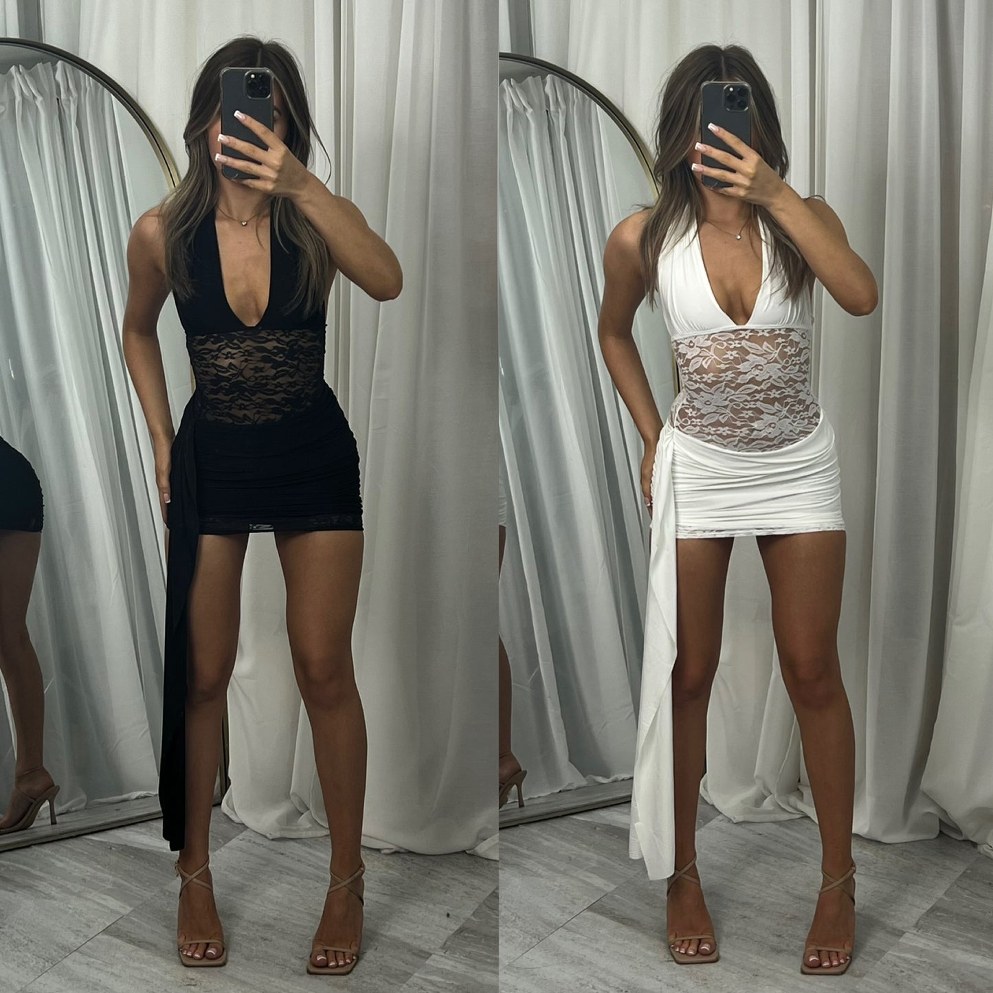 Draped detail lace mini dress