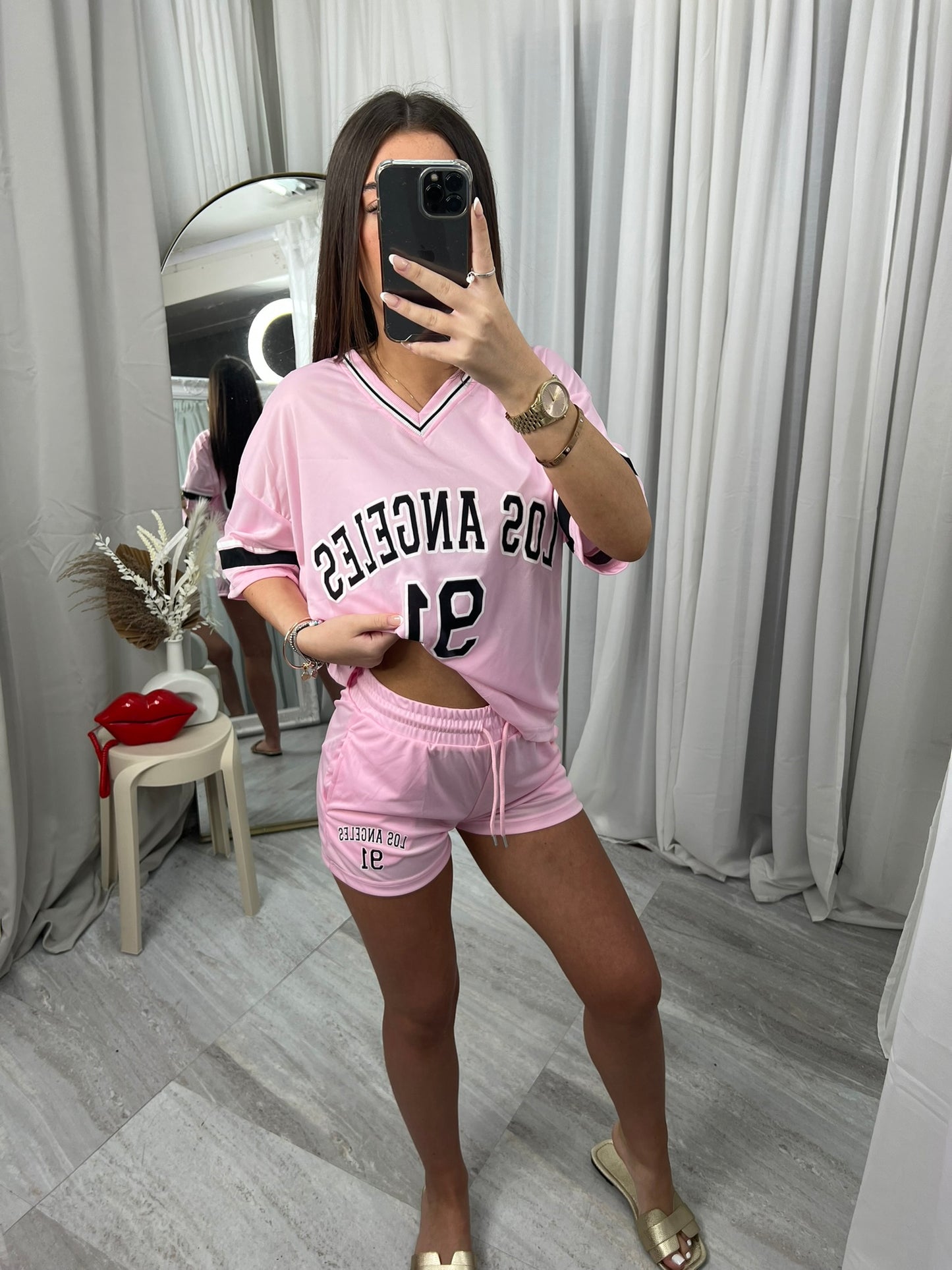 Short sleeved top and shorts set with 91 slogan