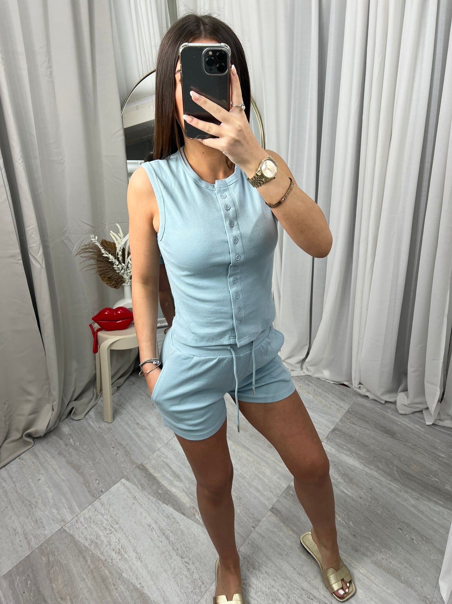 Ribbed Button Through Sleeveless Top and Shorts Co-ord