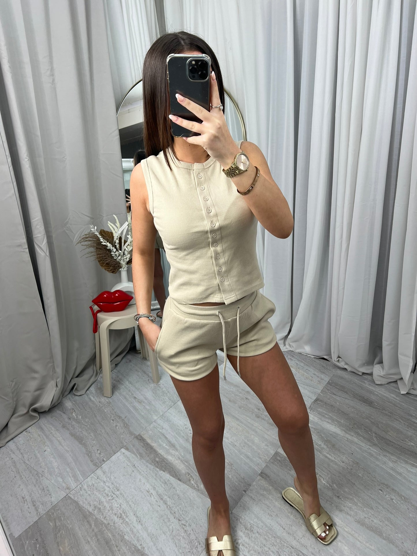 Ribbed Button Through Sleeveless Top and Shorts Co-ord