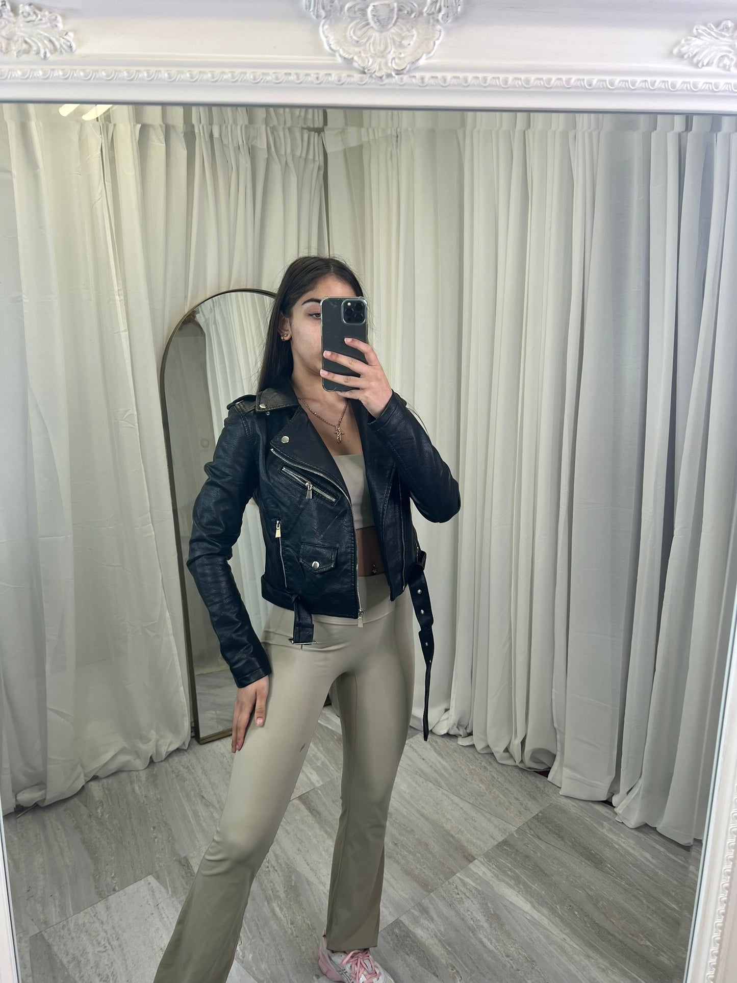 Padded faux leather beltedbiker jacket