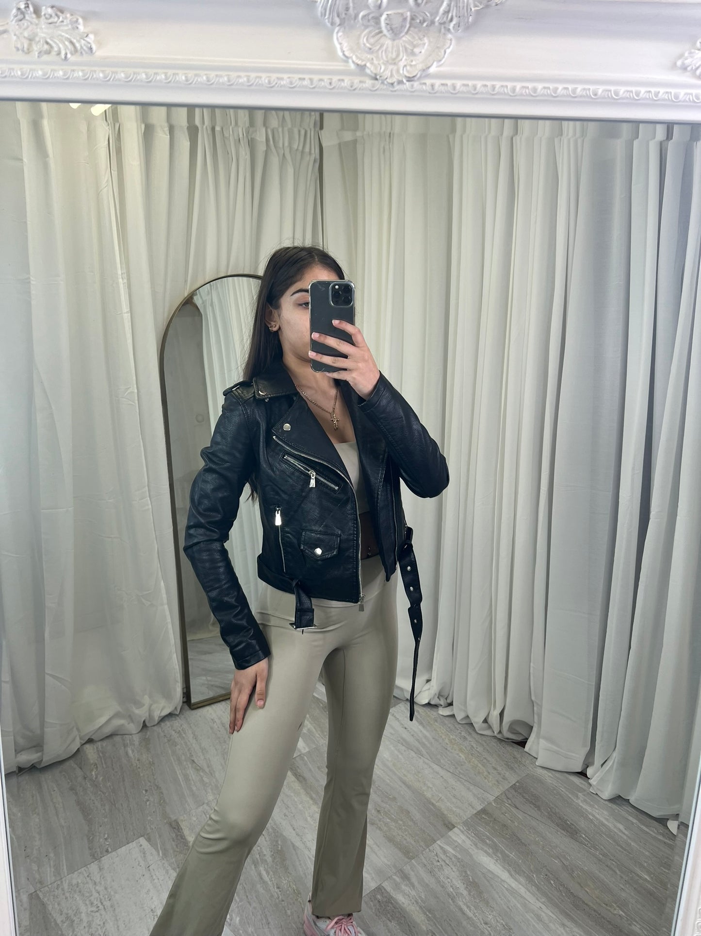 Padded faux leather beltedbiker jacket