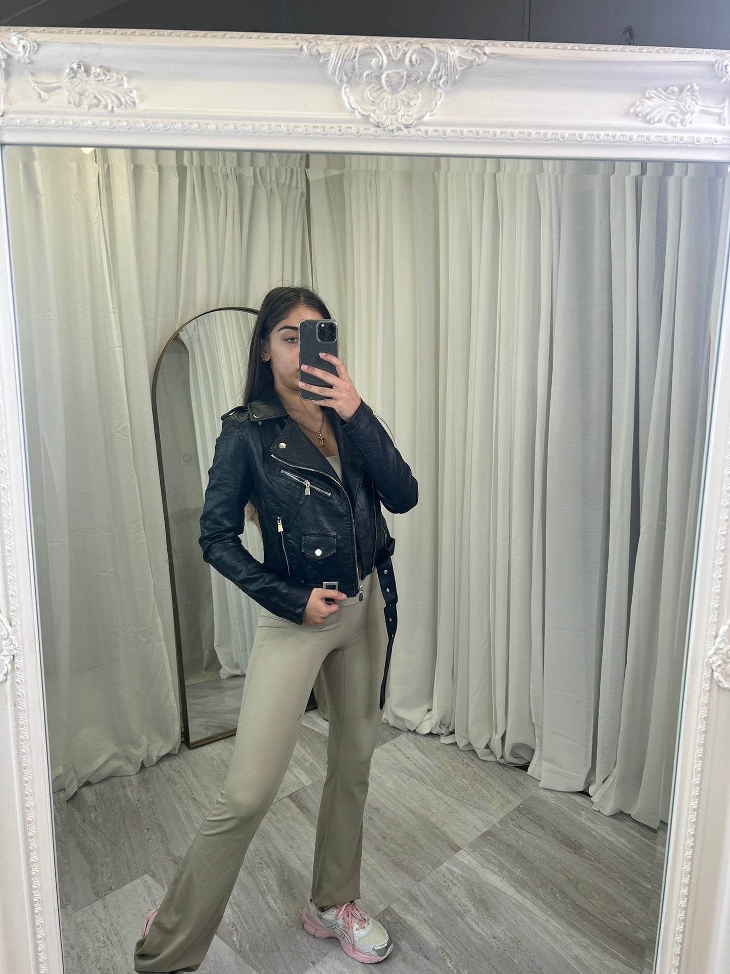 Padded faux leather beltedbiker jacket