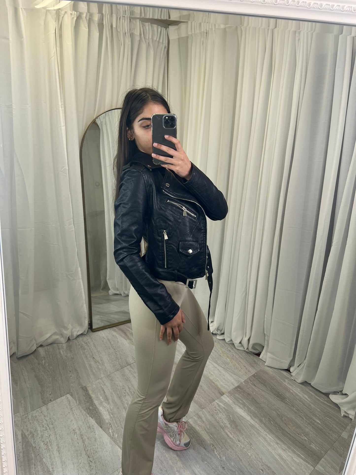 Padded faux leather beltedbiker jacket