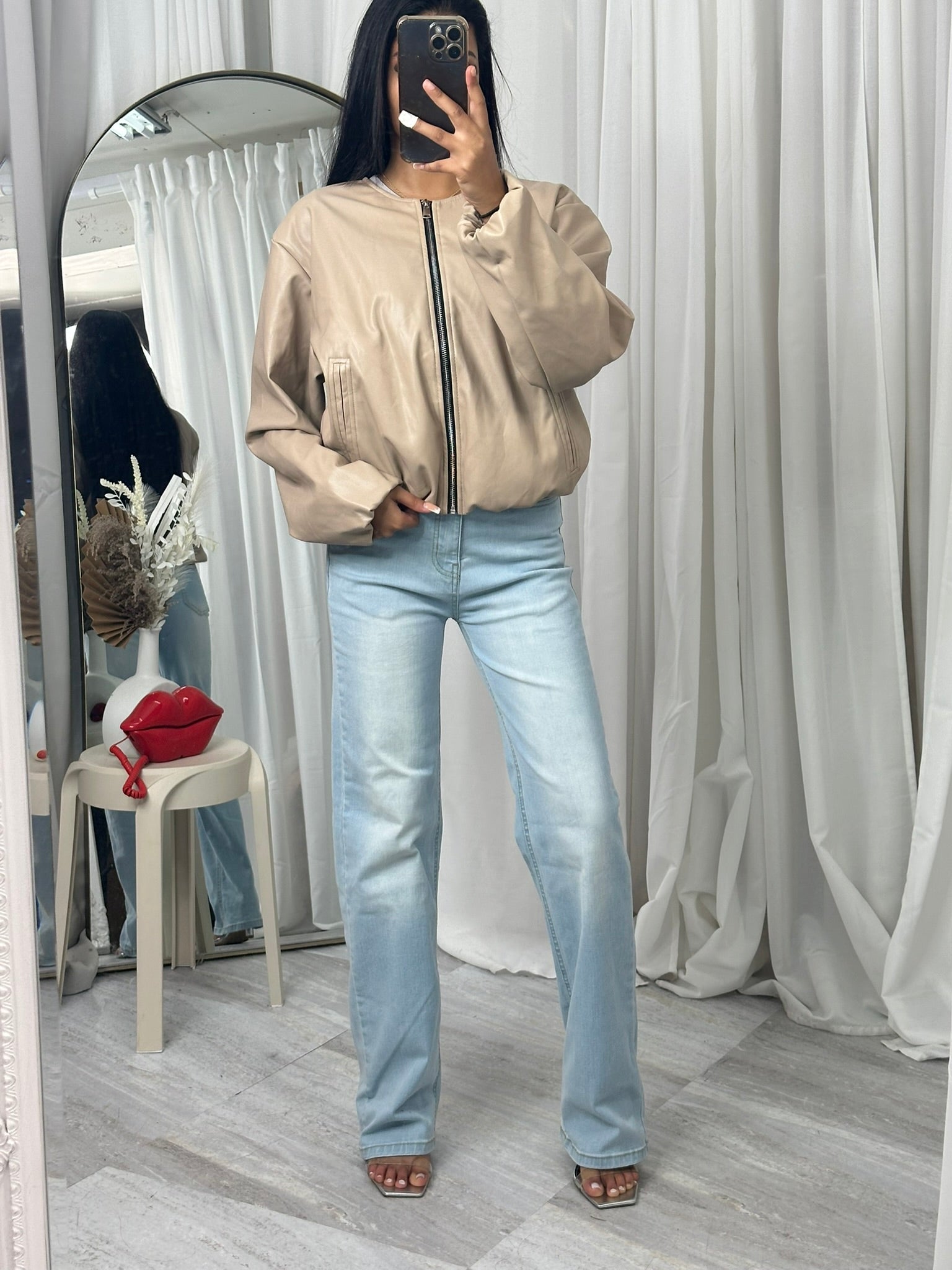 Waterproof beige long sleeve bomber jacket