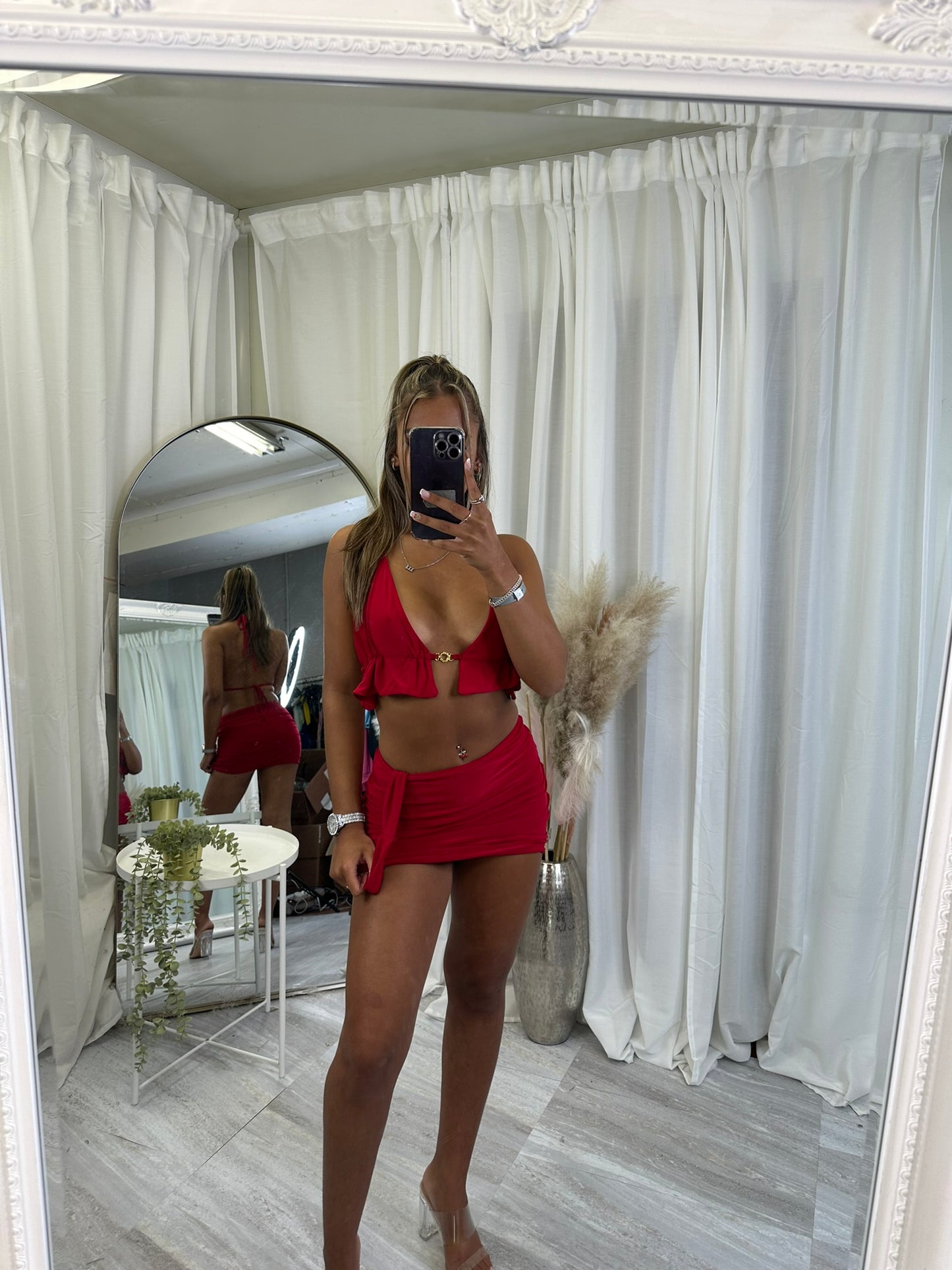 Frill bikini chain top with ruched tie mini skirt 3050
