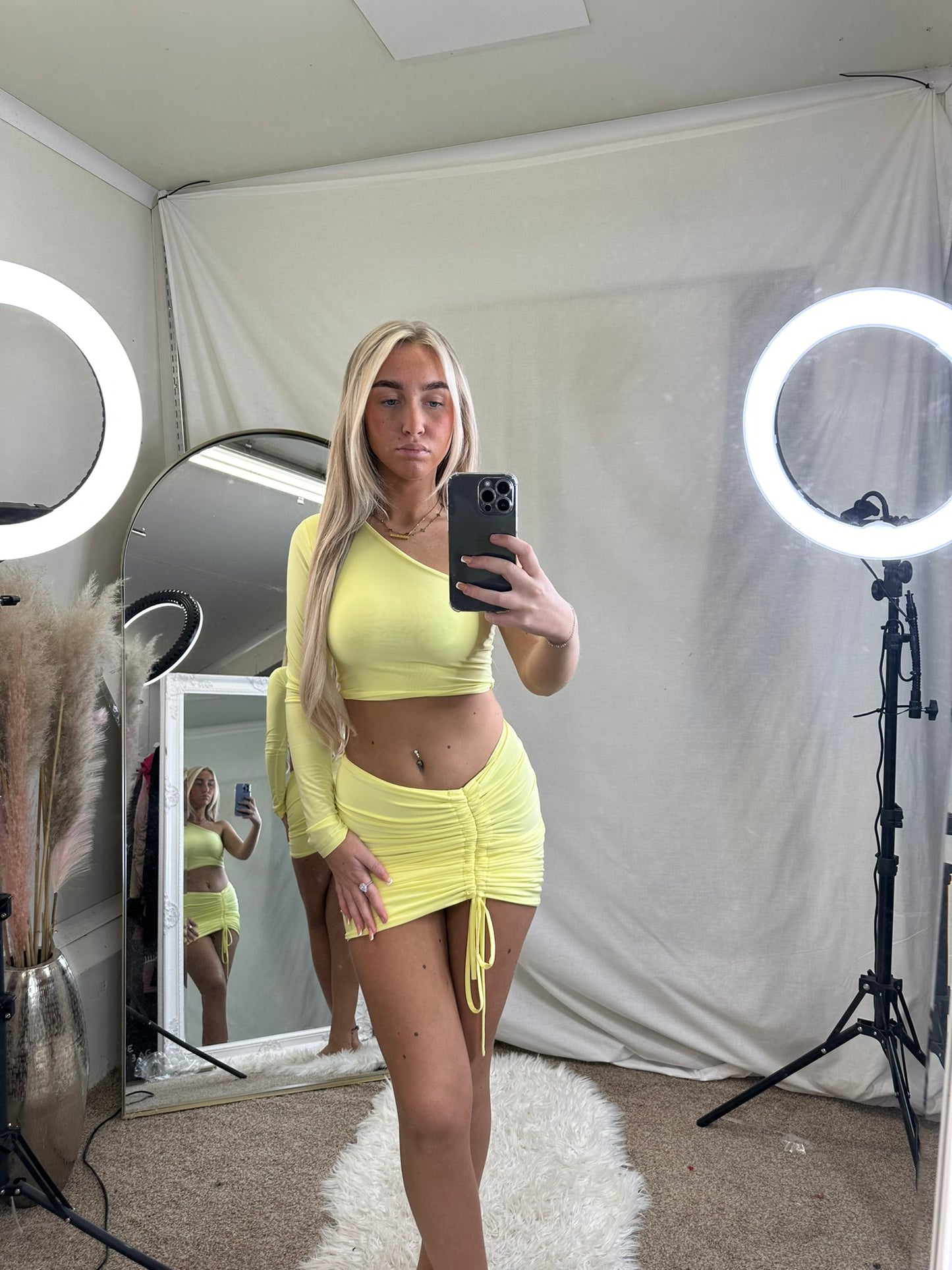 One sleeve ruched tie skirt neon co- ord