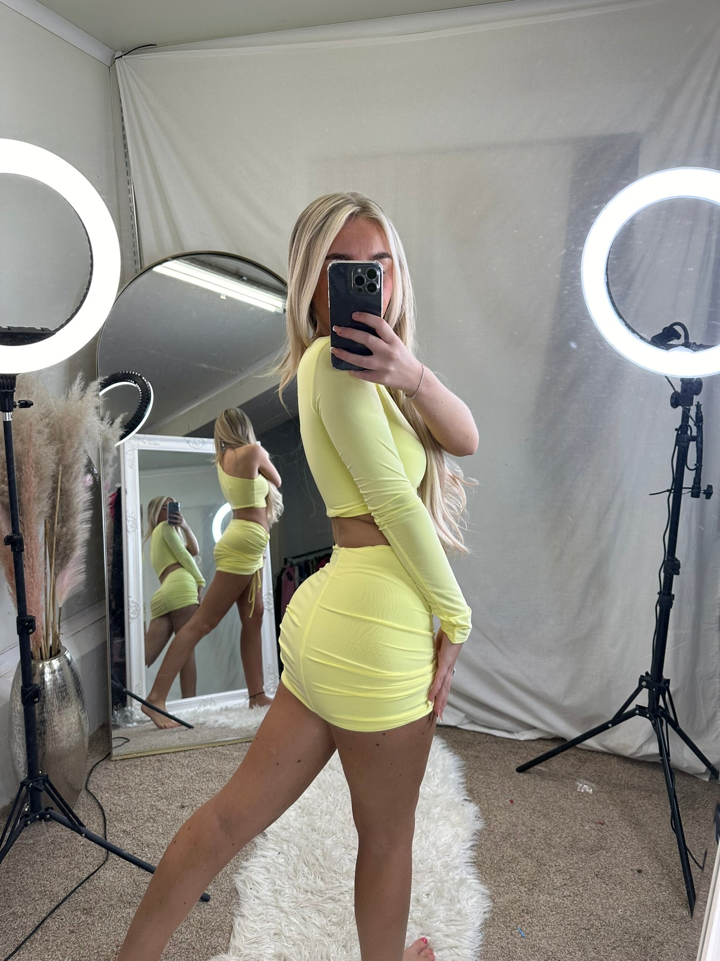 One sleeve ruched tie skirt neon co- ord