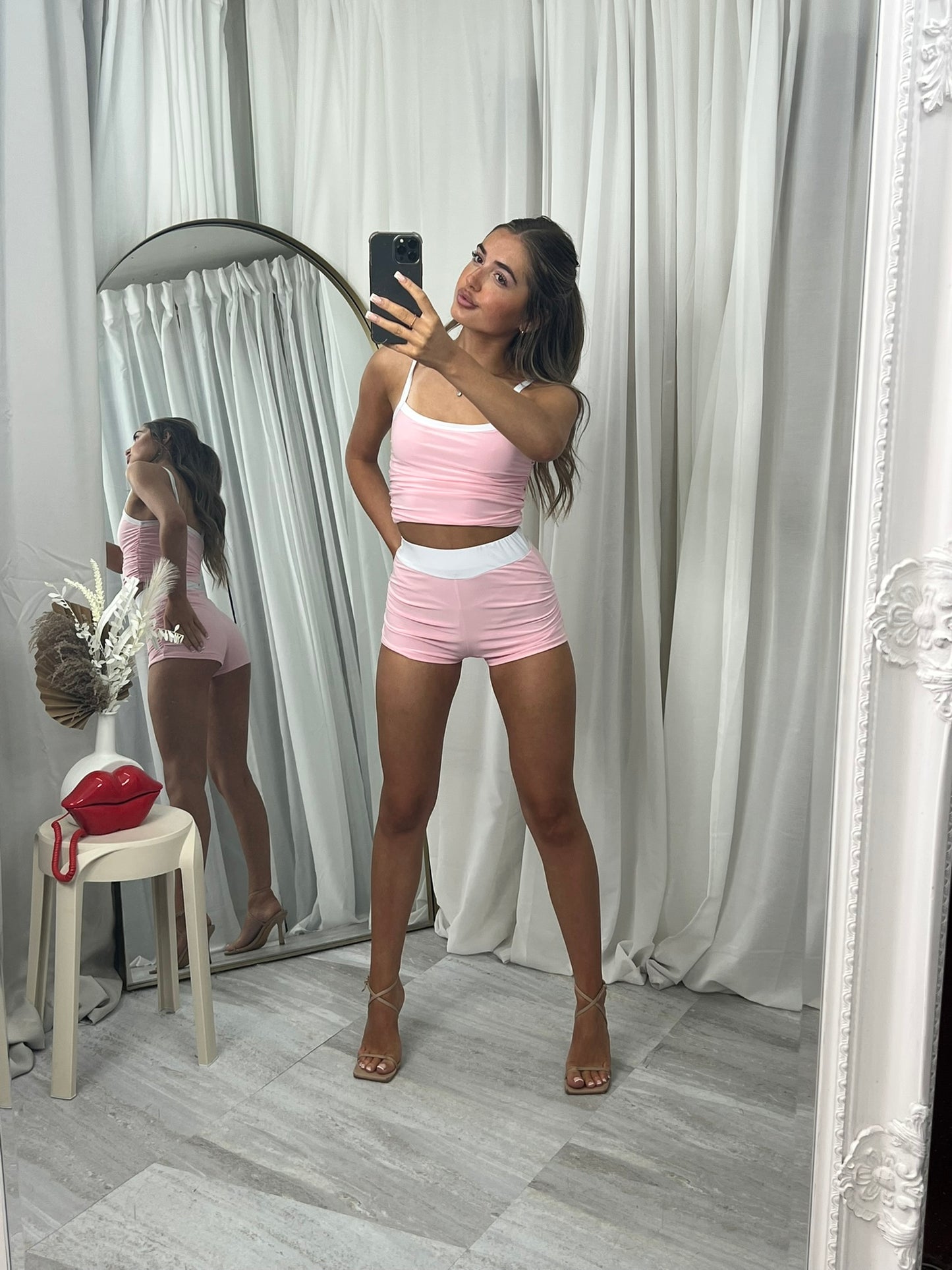 Ruched waist hot pants shorts with strapped crop top outfit set