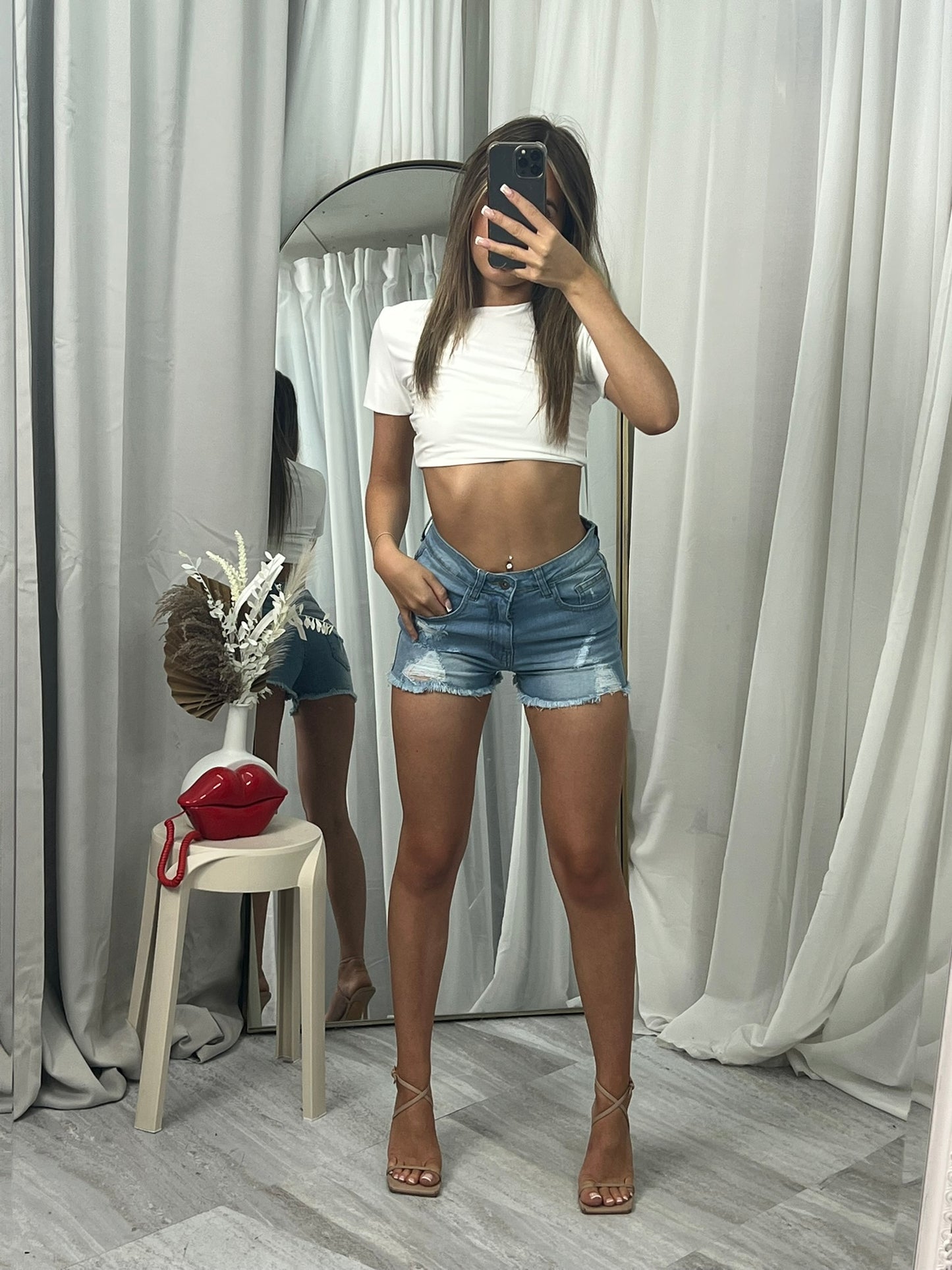 Distressed Stretchy Denim Shorts