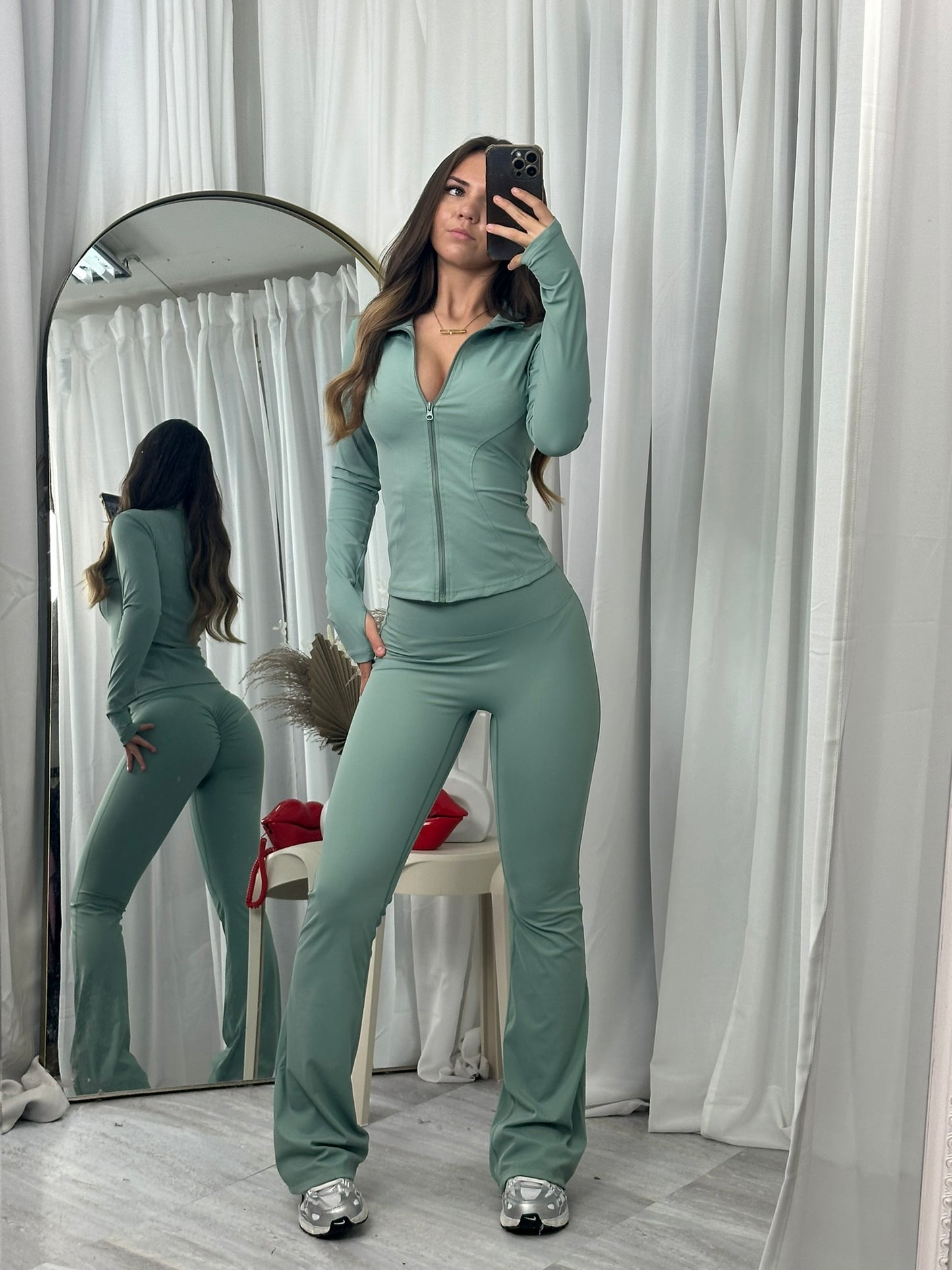 Active wear zip jacket with flared scrunch bum flares gym set