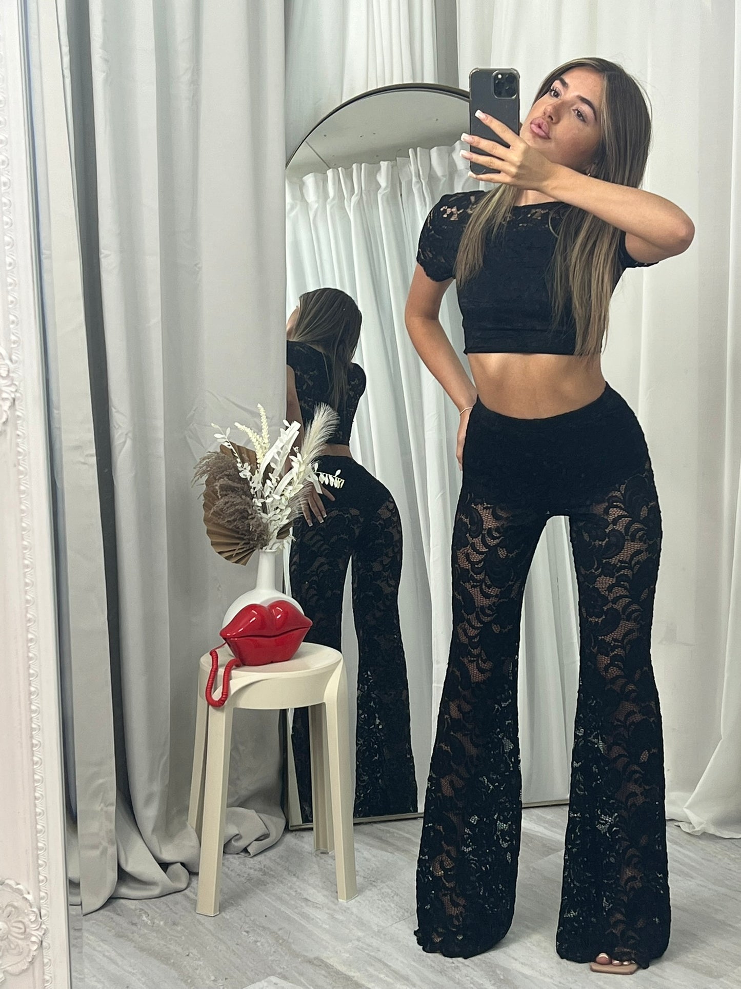 Lace Detail High Waist Flared Trousers