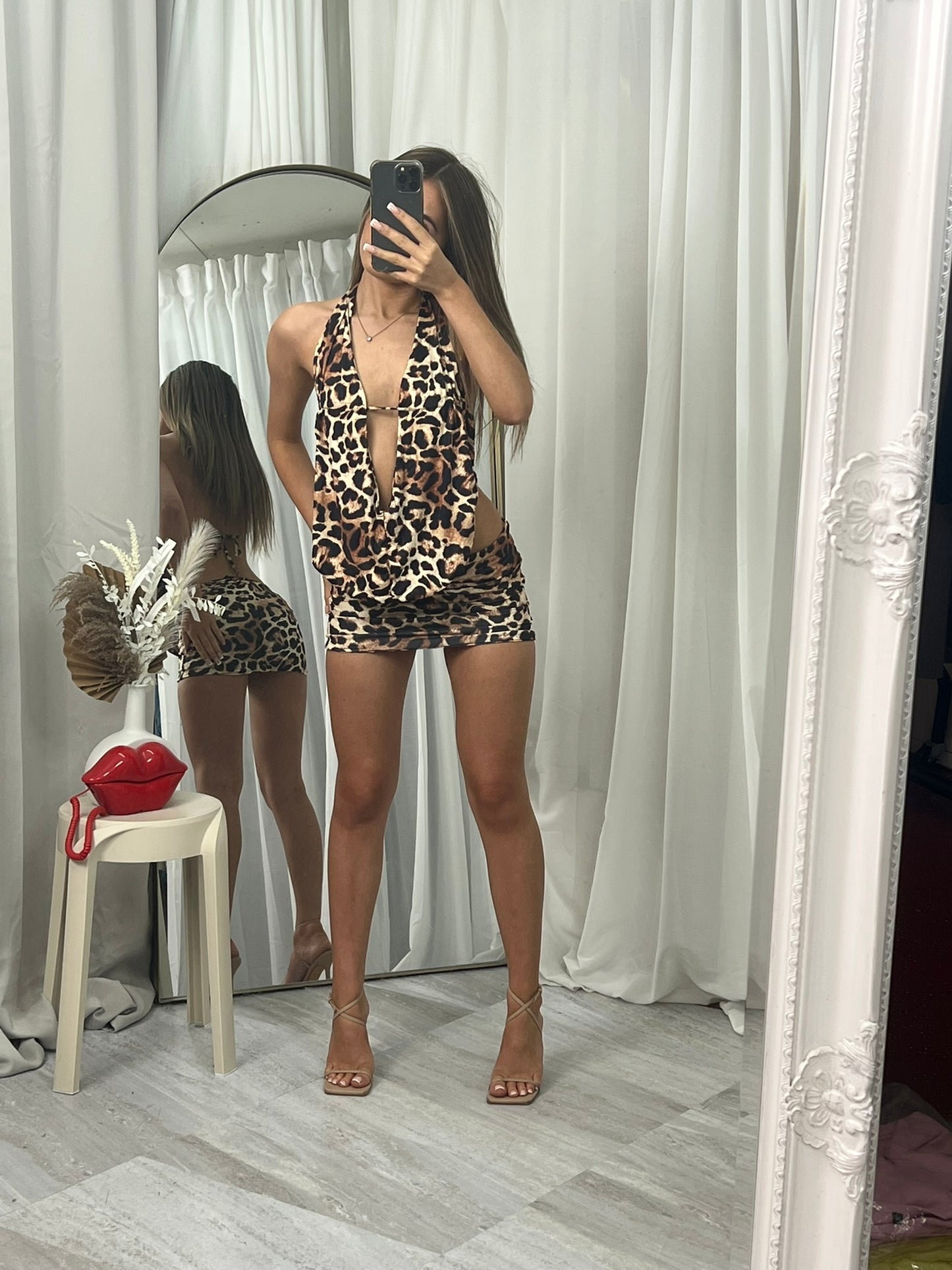 Leopard Print Slinky Halter Neck Top & Skirt Co-ord With Tie Knot Drape Detail