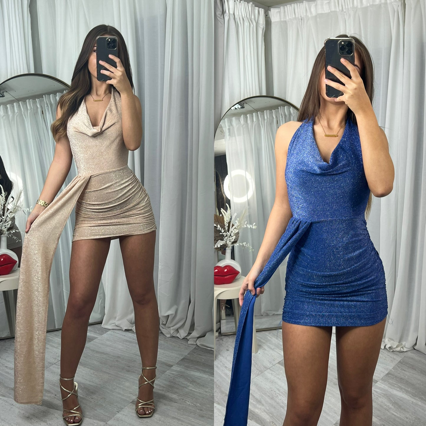 Drape mini party dress in glitter detail royal blue and gold