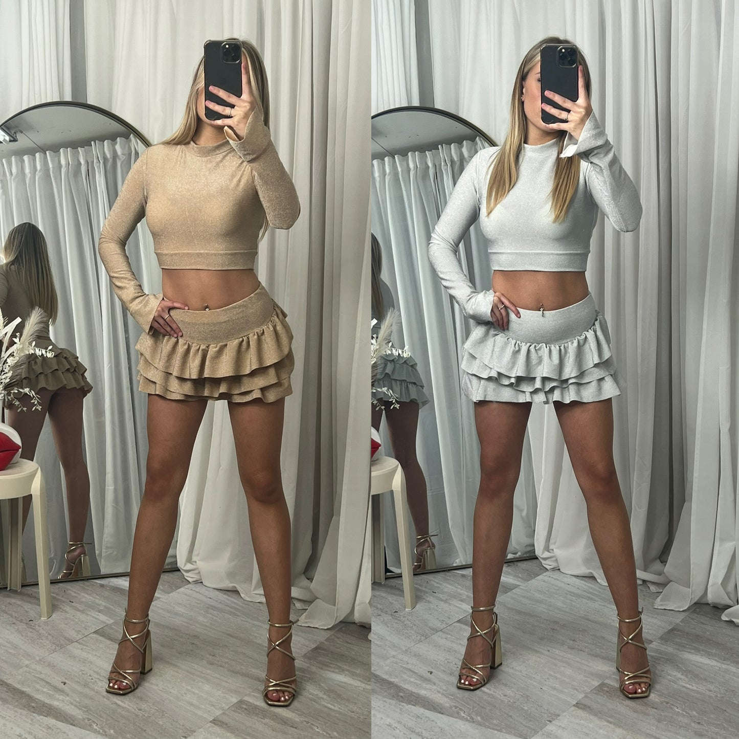 Long sleeved crop top and frill detail mini skirt party outfit