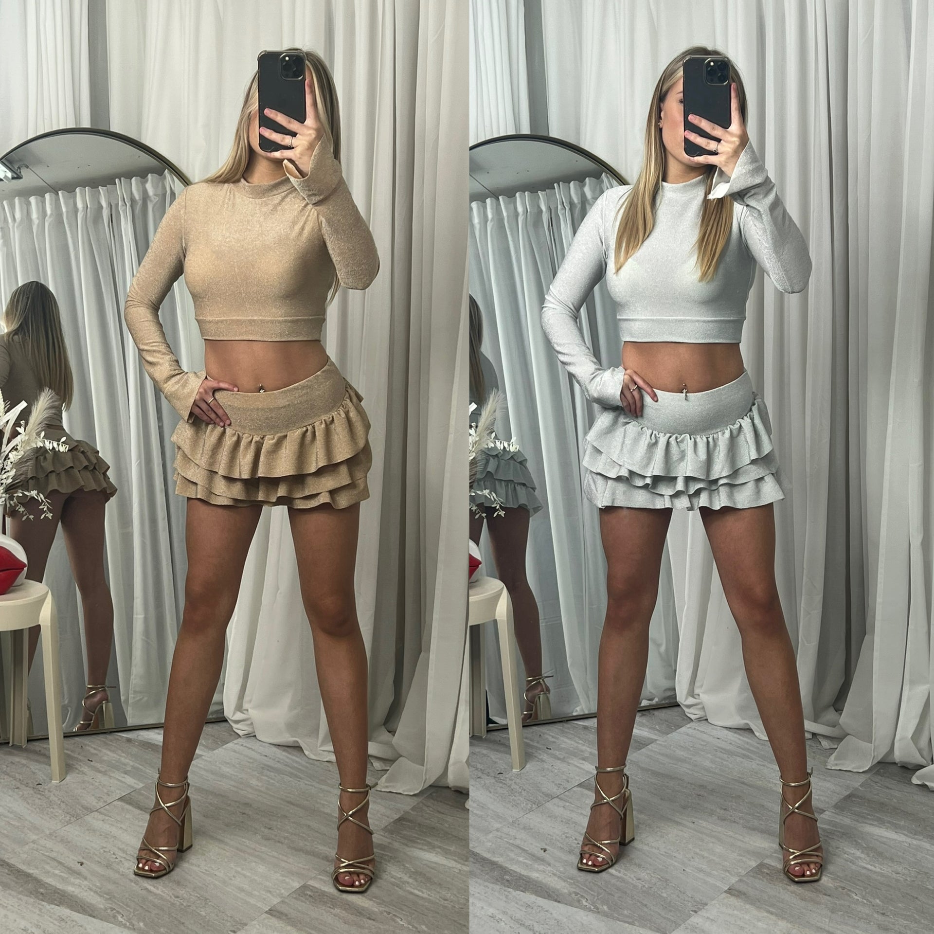 Long sleeved crop top and frill detail mini skirt party outfit