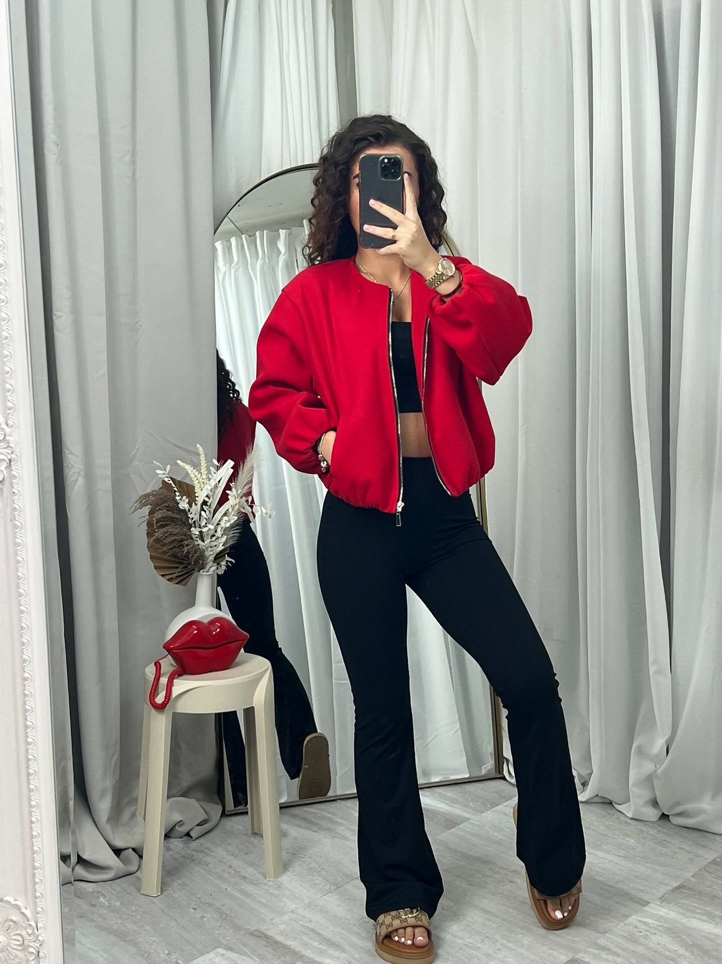 Balloon sleeved bomber casual zipped top casual jacket